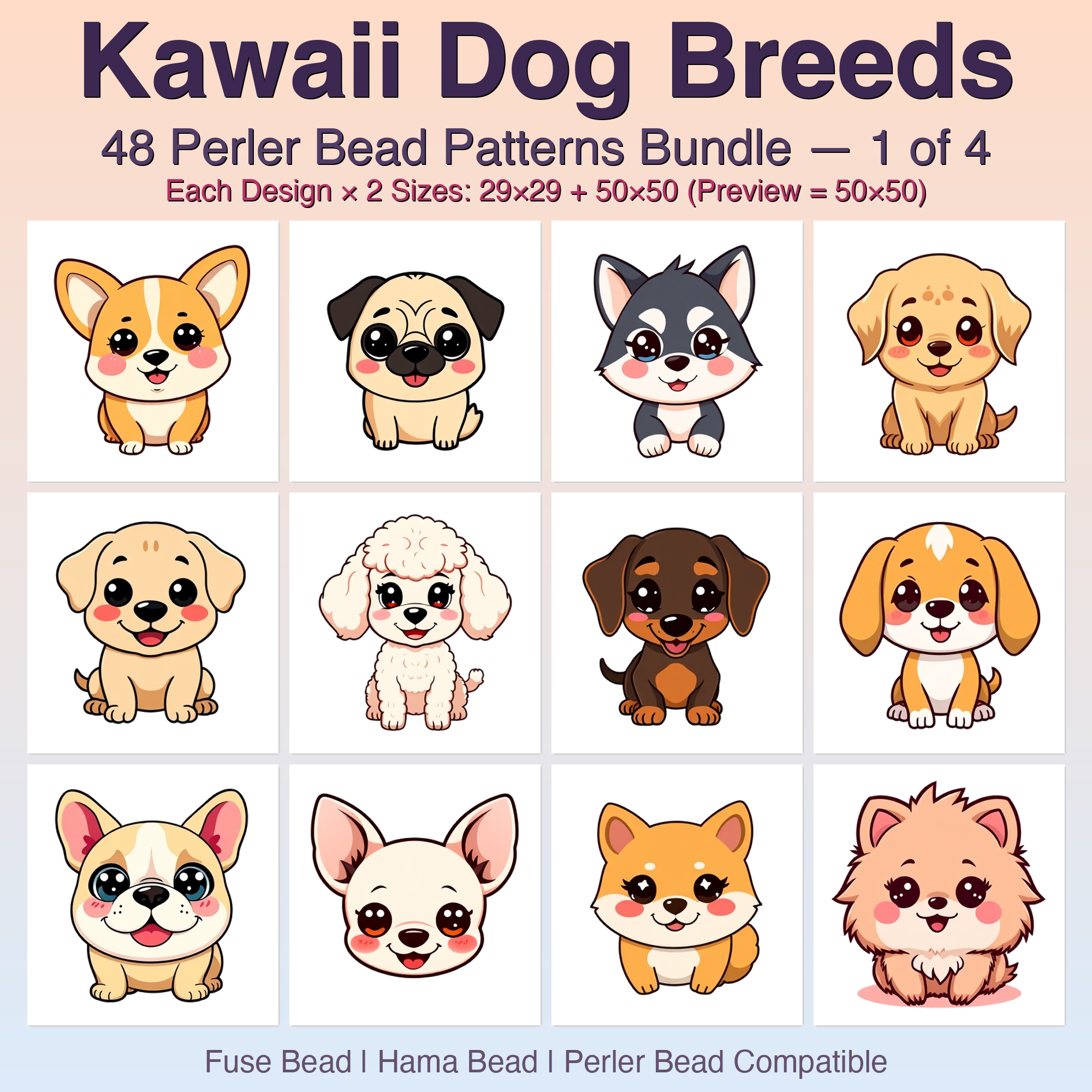 Kawaii Dog Breeds Perler Bead Patterns Bundle, 48 Designs (PDF Digital Download)