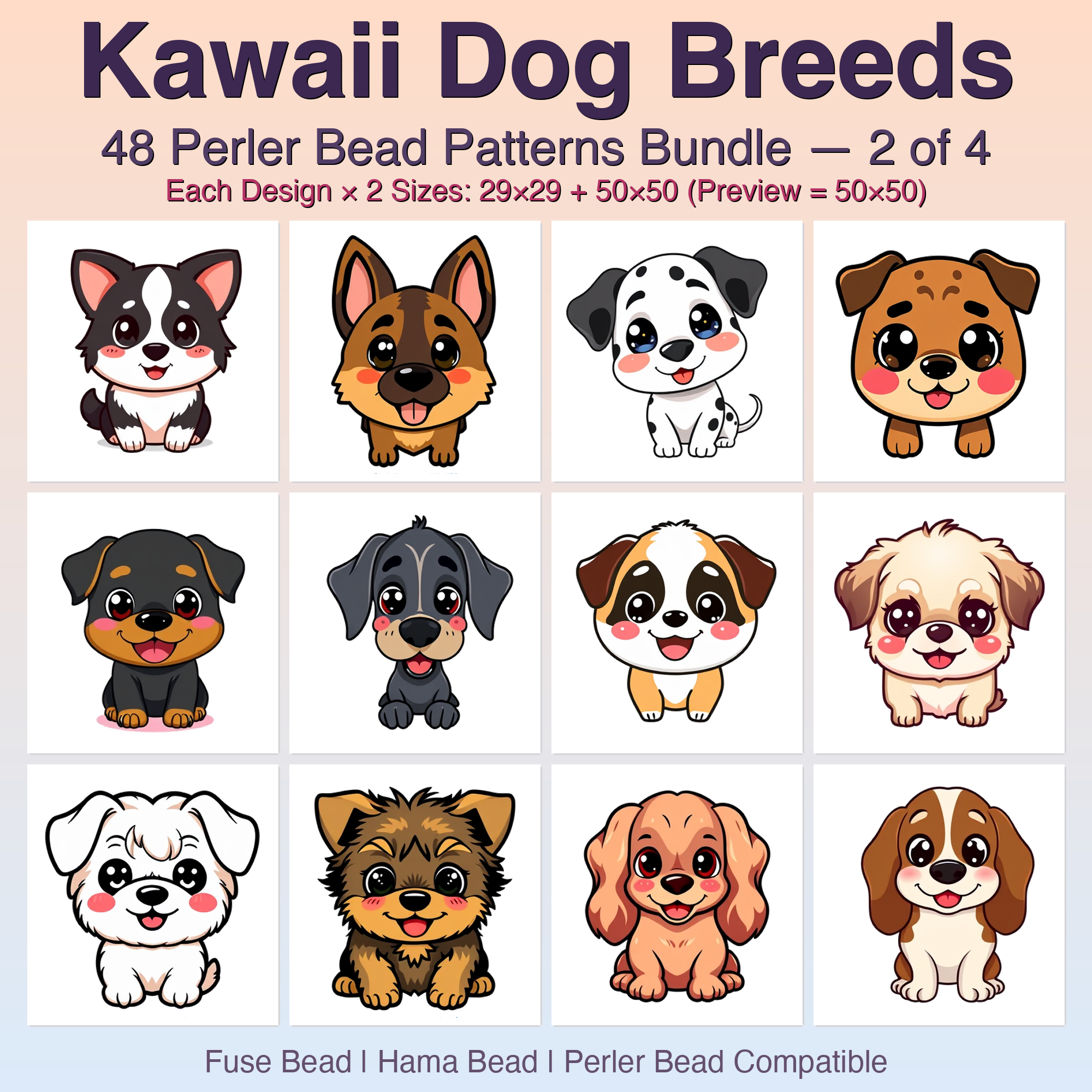 Kawaii Dog Breeds Perler Bead Patterns Bundle, 48 Designs (PDF Digital Download)