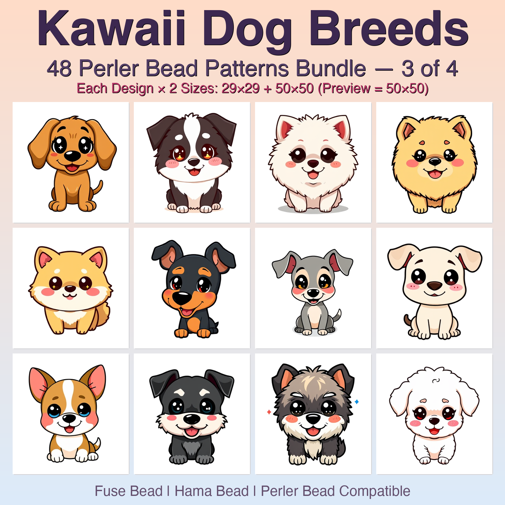 Kawaii Dog Breeds Perler Bead Patterns Bundle, 48 Designs (PDF Digital Download)