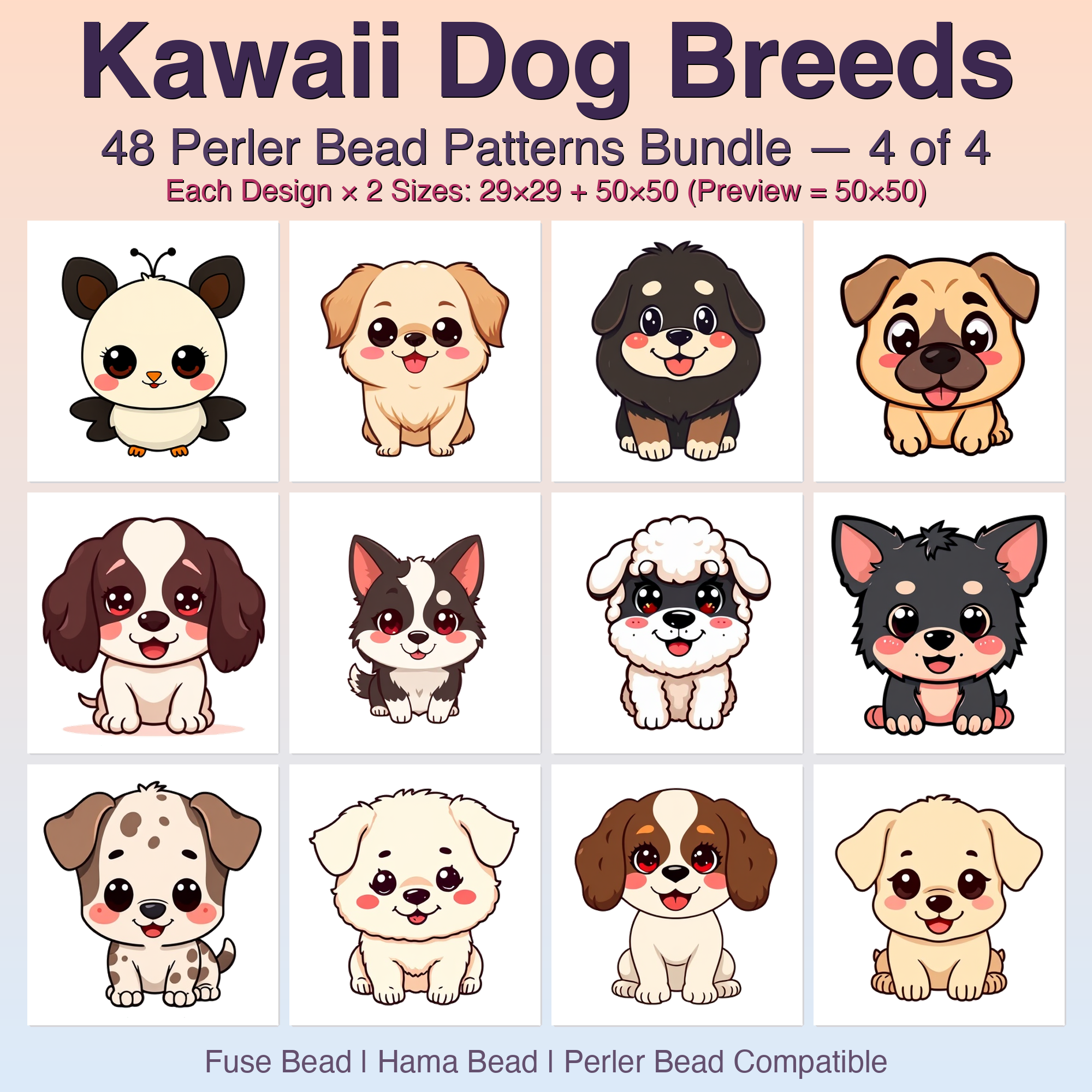 Kawaii Dog Breeds Perler Bead Patterns Bundle, 48 Designs (PDF Digital Download)