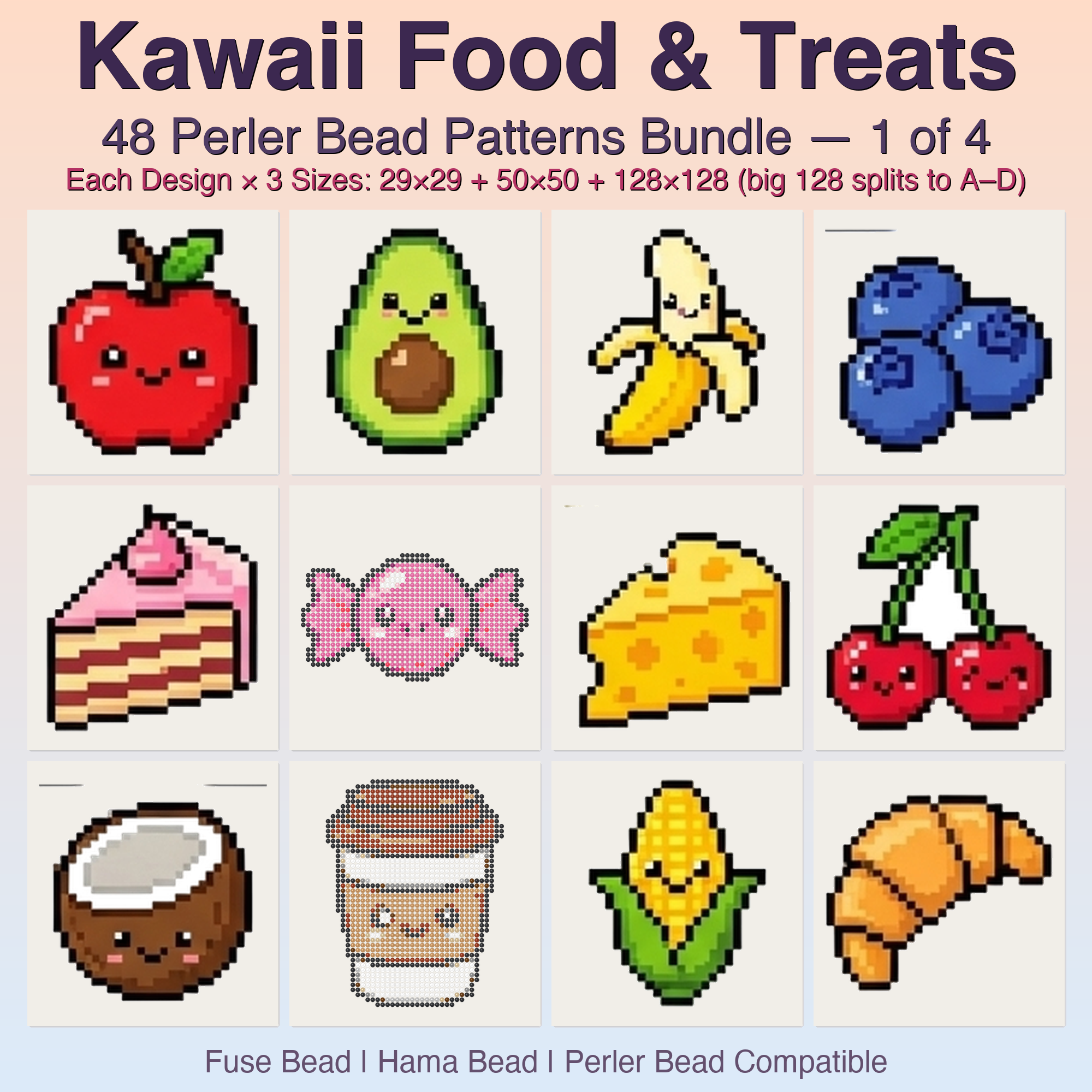 Kawaii Food & Treats Perler Bead Patterns, 48 Designs x 3 Grid Sizes (29x29 + 50x50 + 128x128), Fuse Bead PDF Digital Download