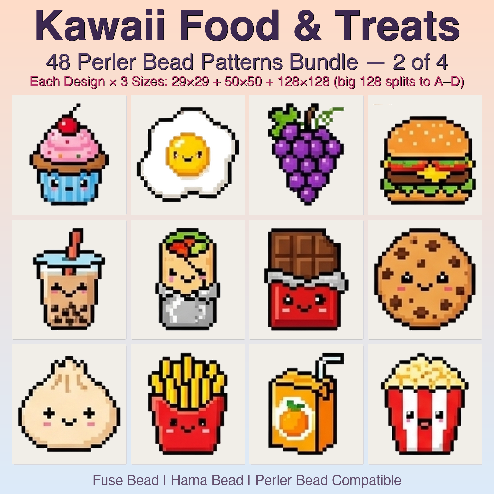 Kawaii Food & Treats Perler Bead Patterns, 48 Designs x 3 Grid Sizes (29x29 + 50x50 + 128x128), Fuse Bead PDF Digital Download