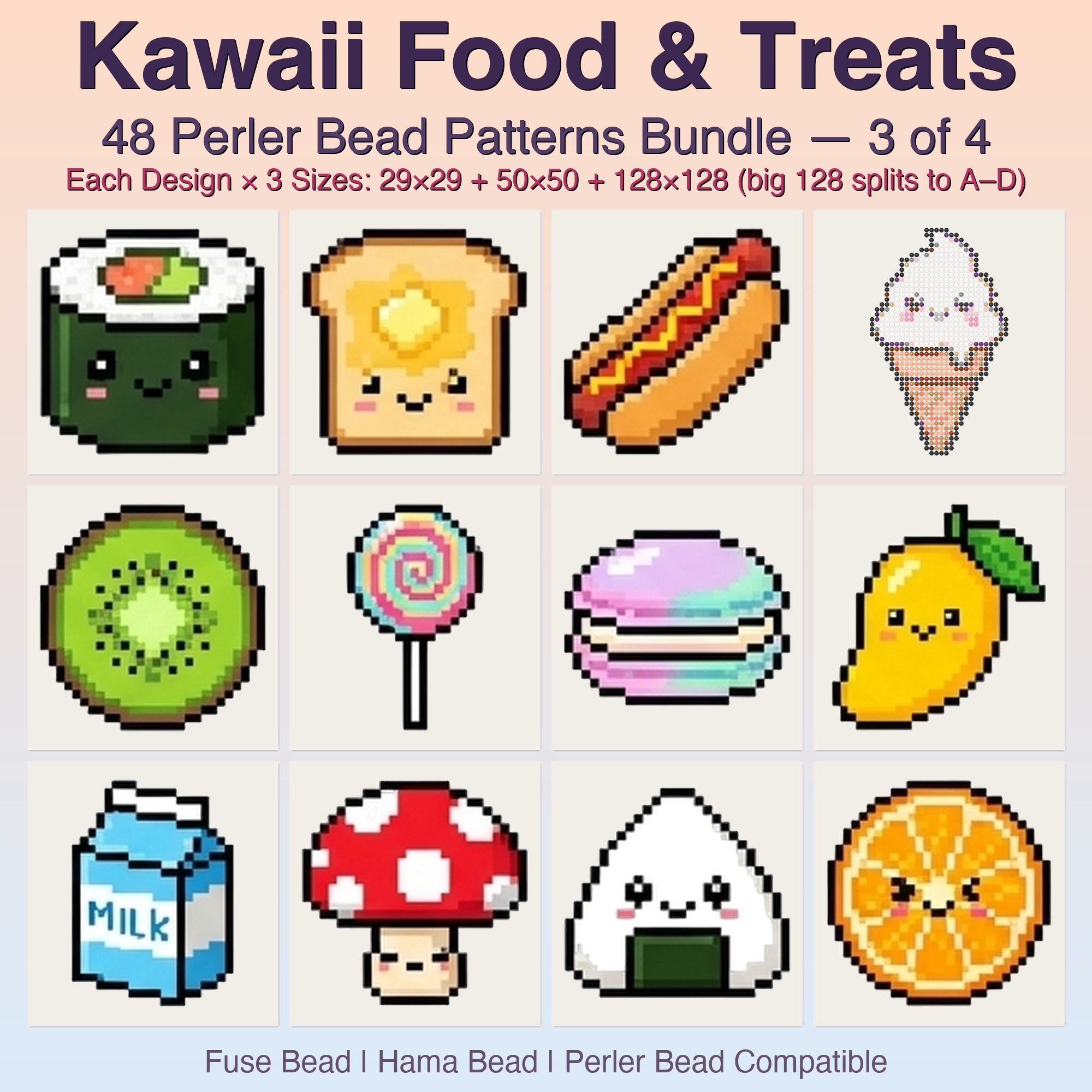 Kawaii Food & Treats Perler Bead Patterns, 48 Designs x 3 Grid Sizes (29x29 + 50x50 + 128x128), Fuse Bead PDF Digital Download