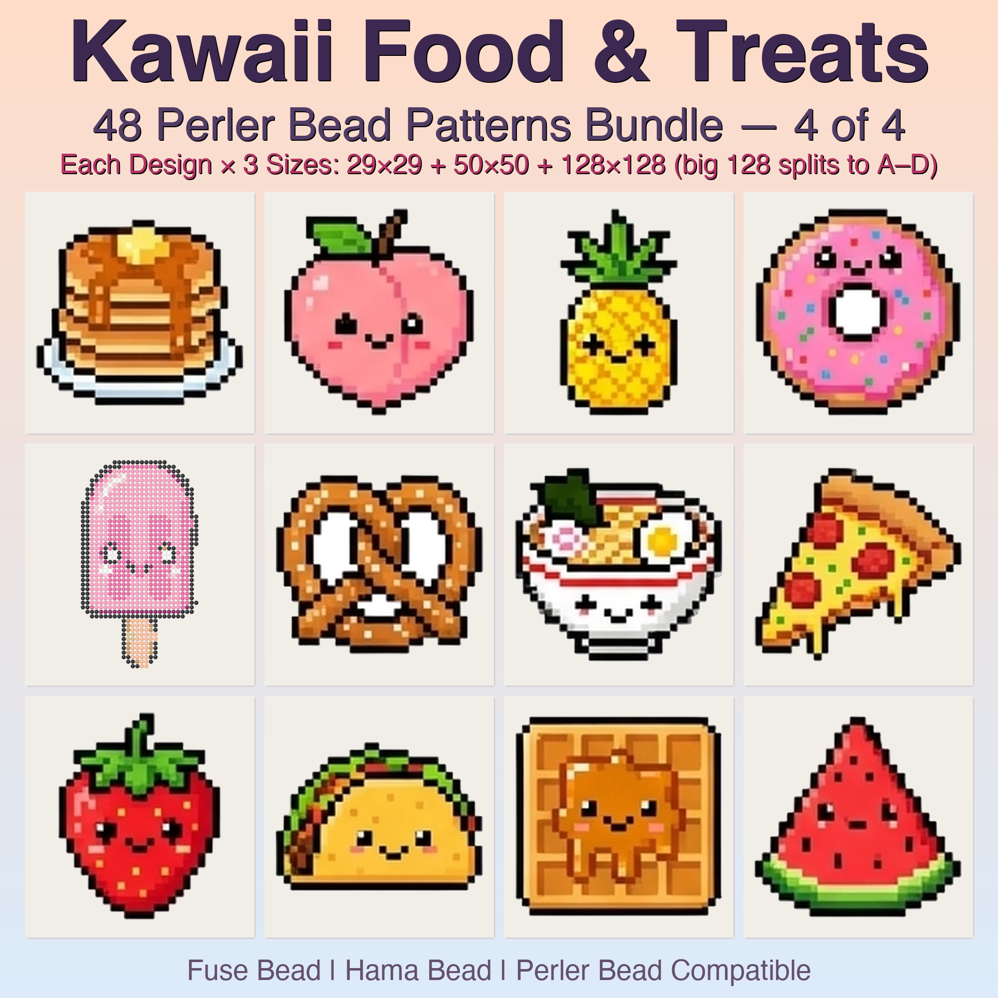 Kawaii Food & Treats Perler Bead Patterns, 48 Designs x 3 Grid Sizes (29x29 + 50x50 + 128x128), Fuse Bead PDF Digital Download