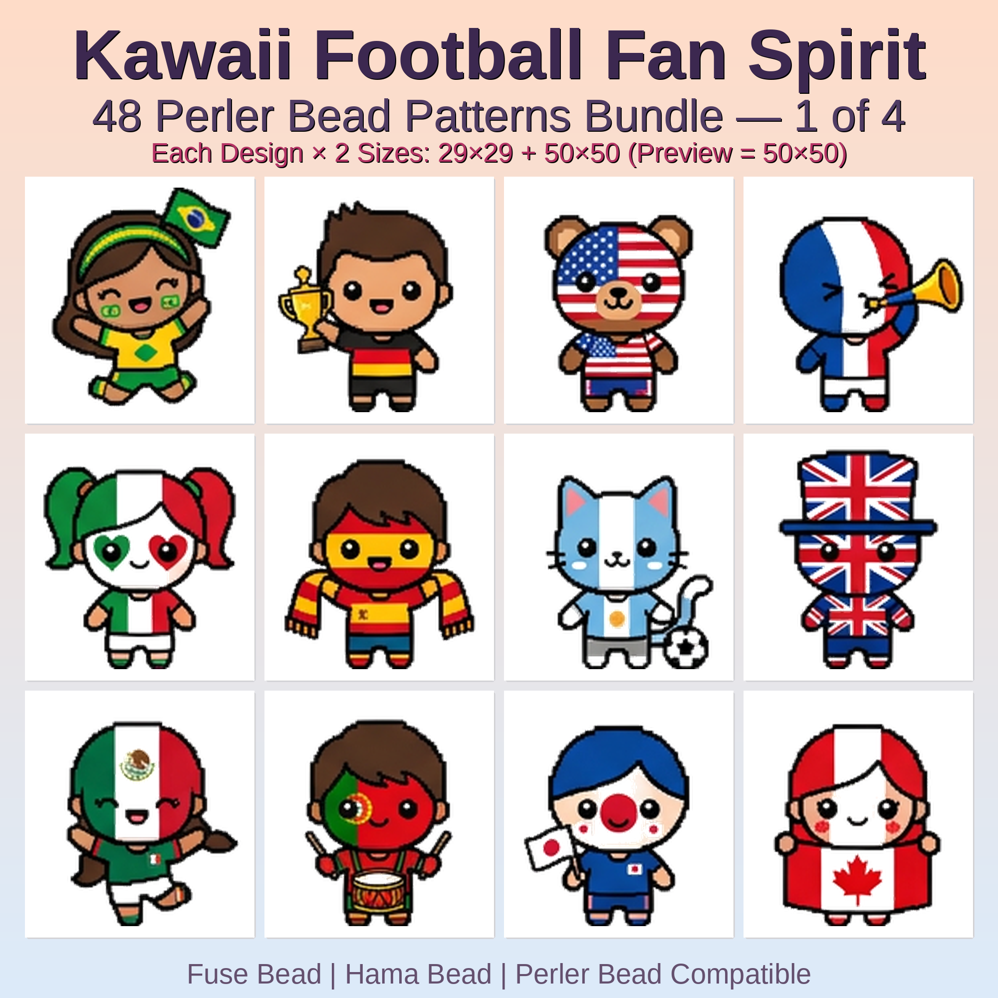 Kawaii Football Fan Spirit Perler Bead Patterns Bundle, 48 Designs (PDF Digital Download)