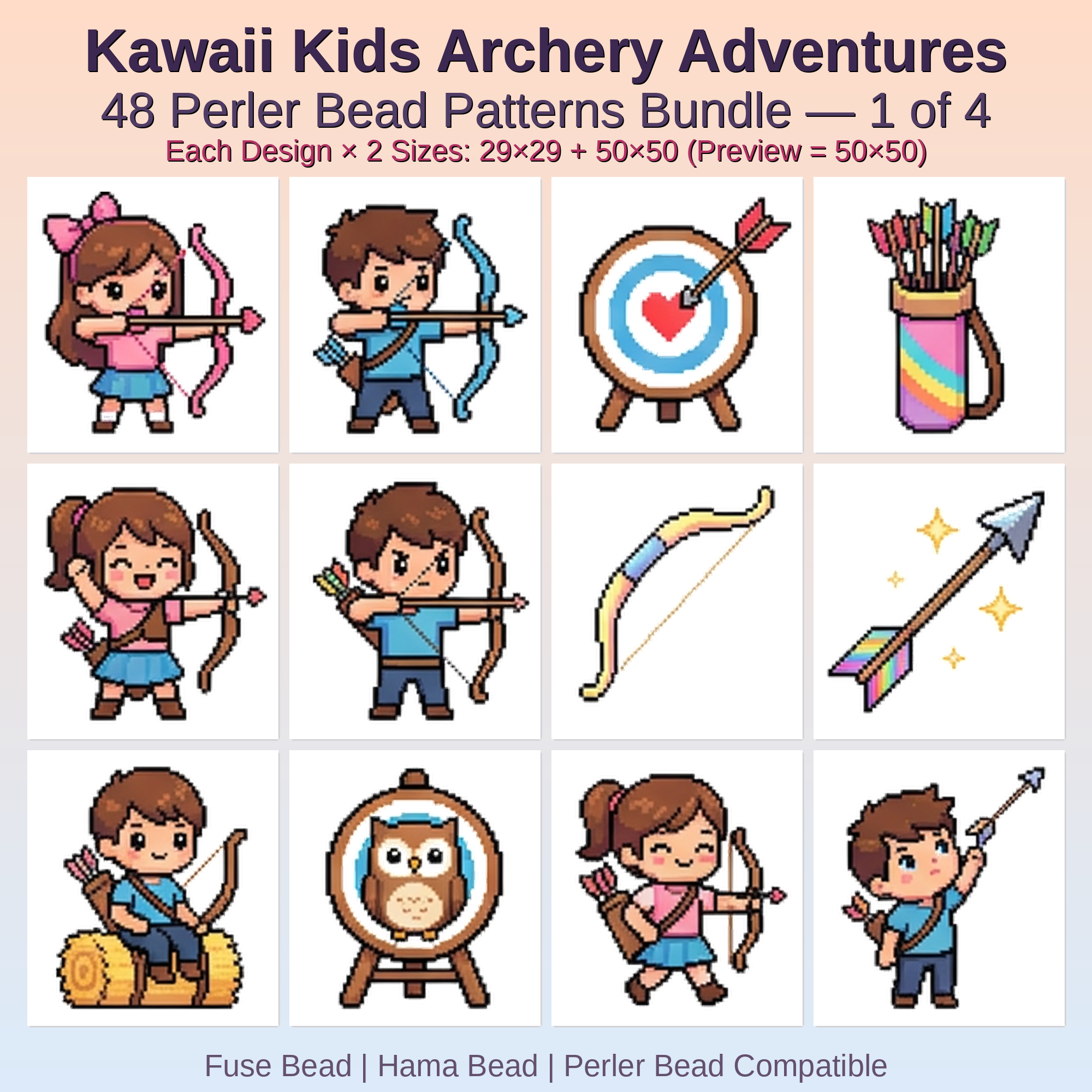 Kawaii Kids Archery Adventures Perler Bead Patterns Bundle, 48 Designs (PDF Digital Download)