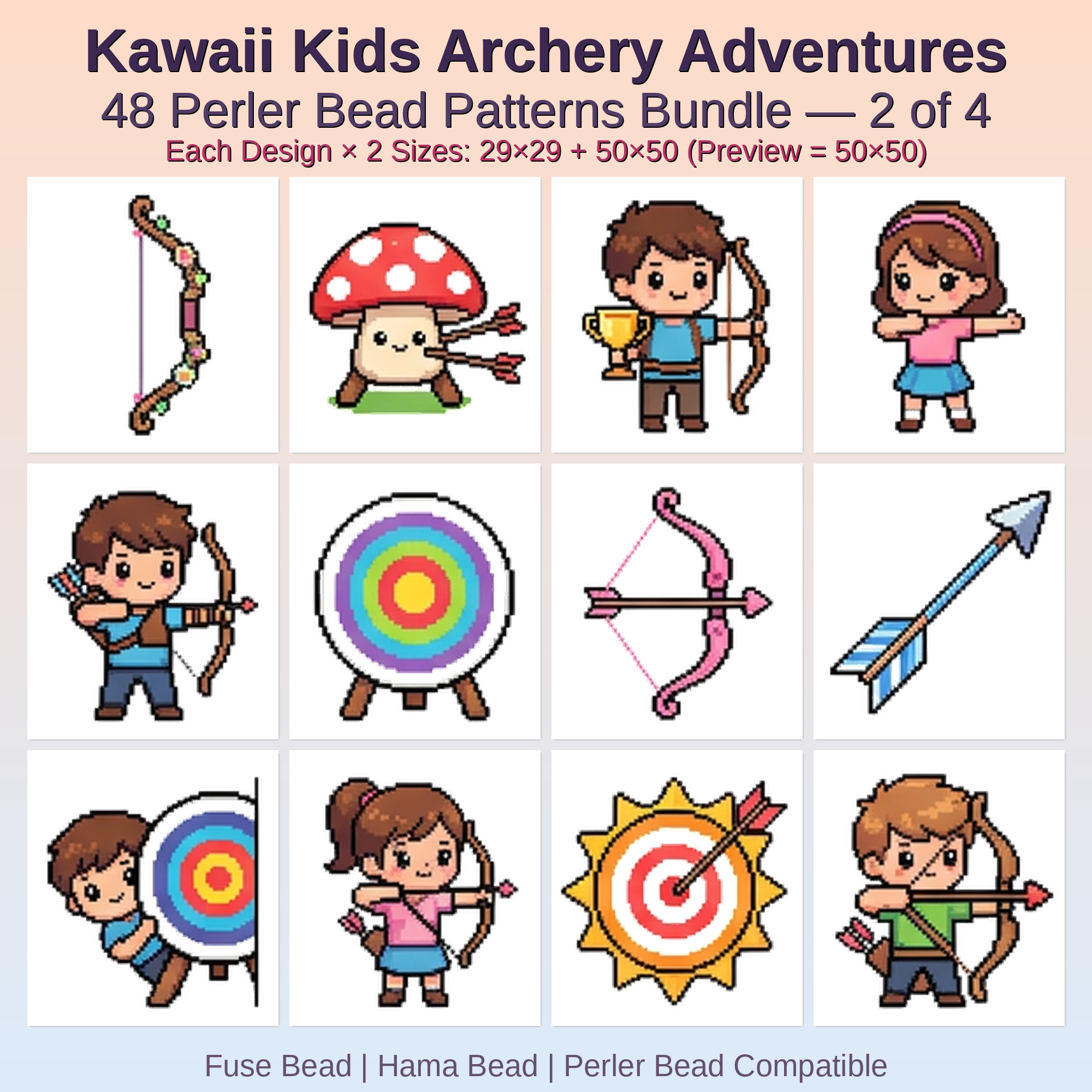 Kawaii Kids Archery Adventures Perler Bead Patterns Bundle, 48 Designs (PDF Digital Download)