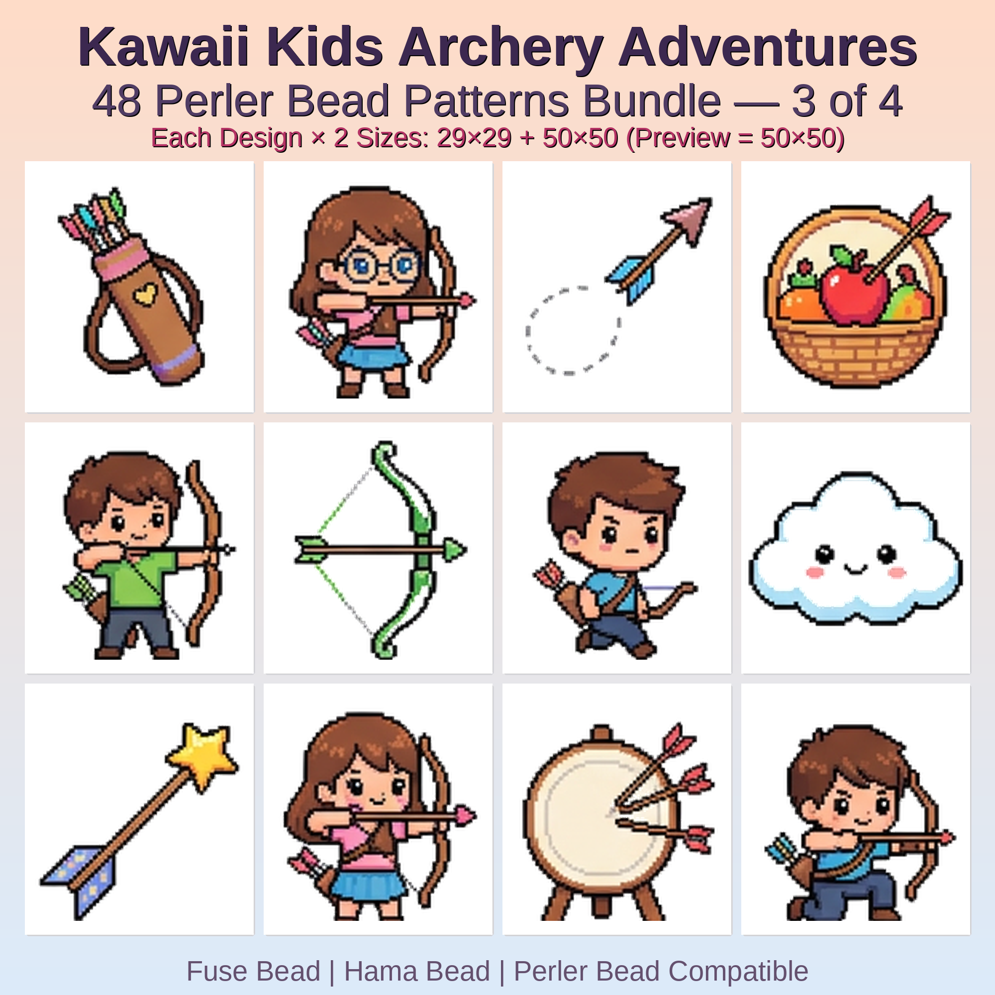 Kawaii Kids Archery Adventures Perler Bead Patterns Bundle, 48 Designs (PDF Digital Download)