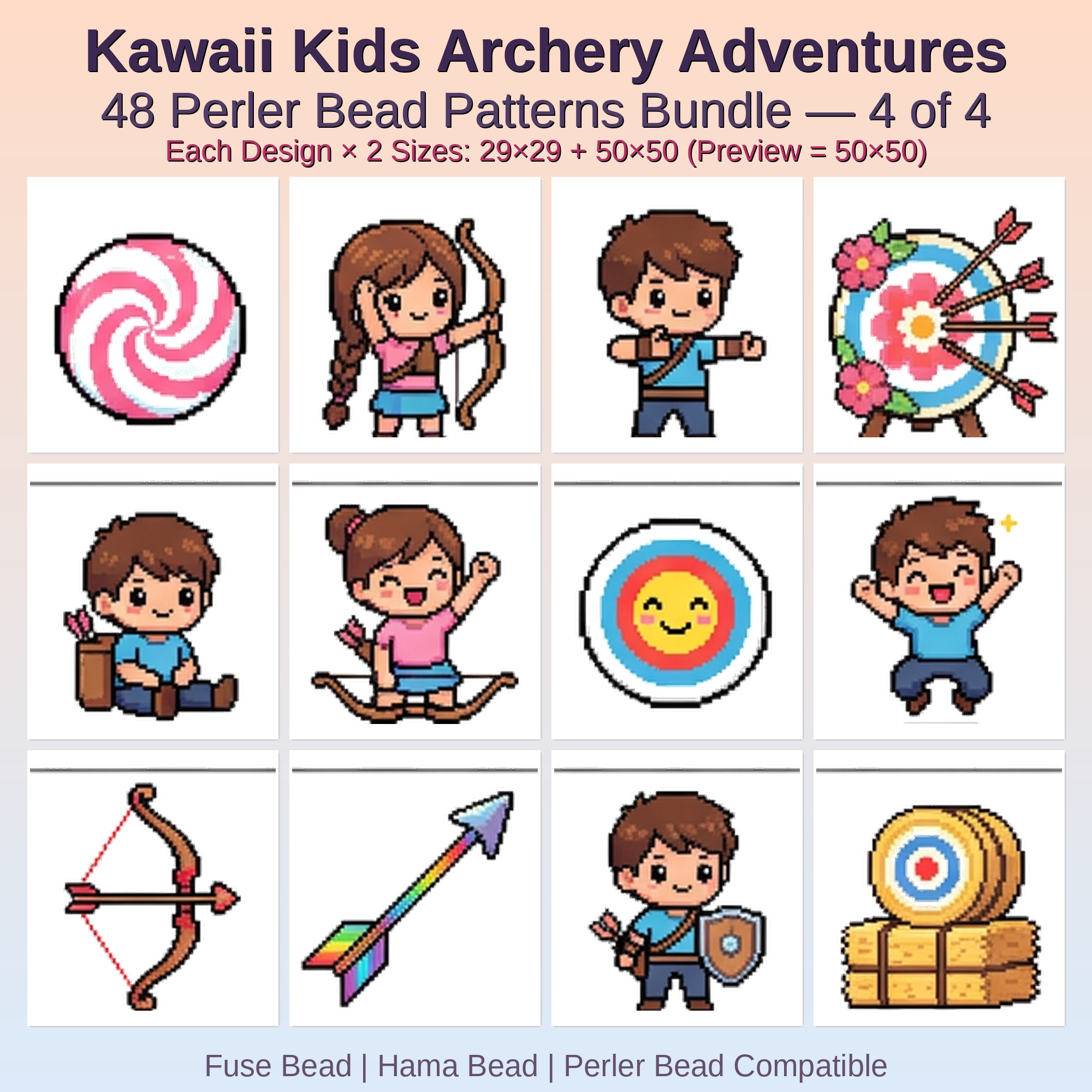 Kawaii Kids Archery Adventures Perler Bead Patterns Bundle, 48 Designs (PDF Digital Download)
