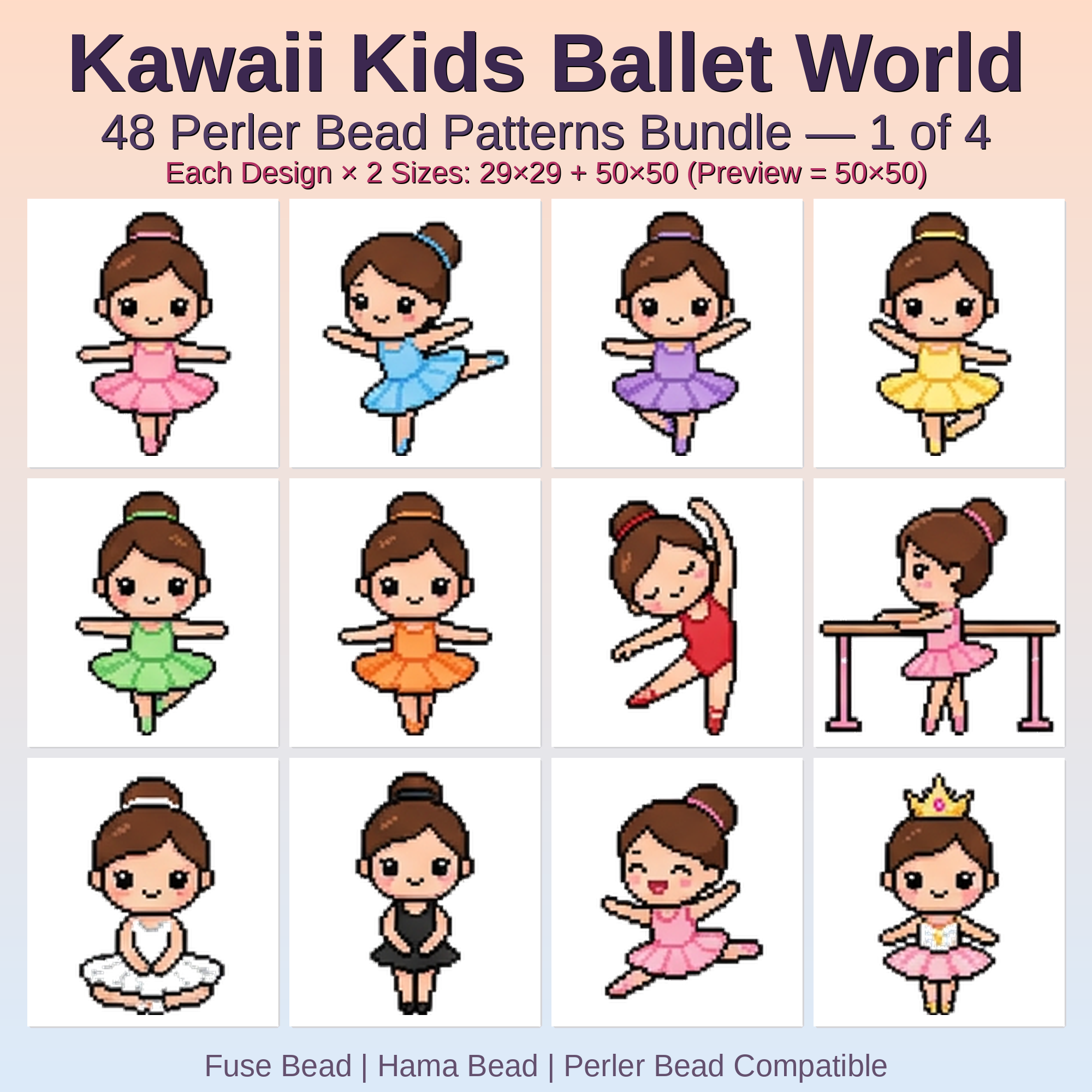 Kawaii Kids Ballet World Perler Bead Patterns Bundle, 48 Designs (PDF Digital Download)