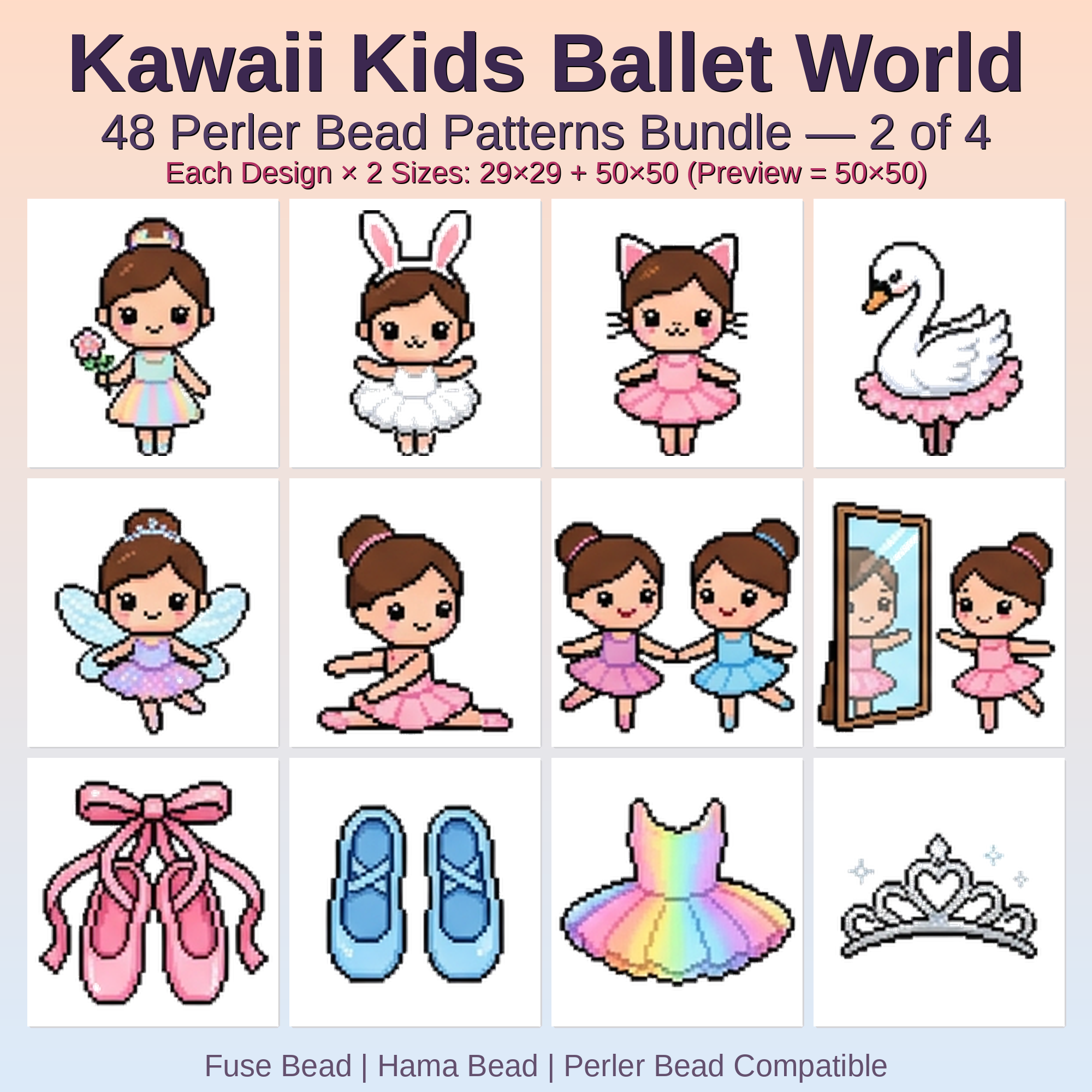 Kawaii Kids Ballet World Perler Bead Patterns Bundle, 48 Designs (PDF Digital Download)