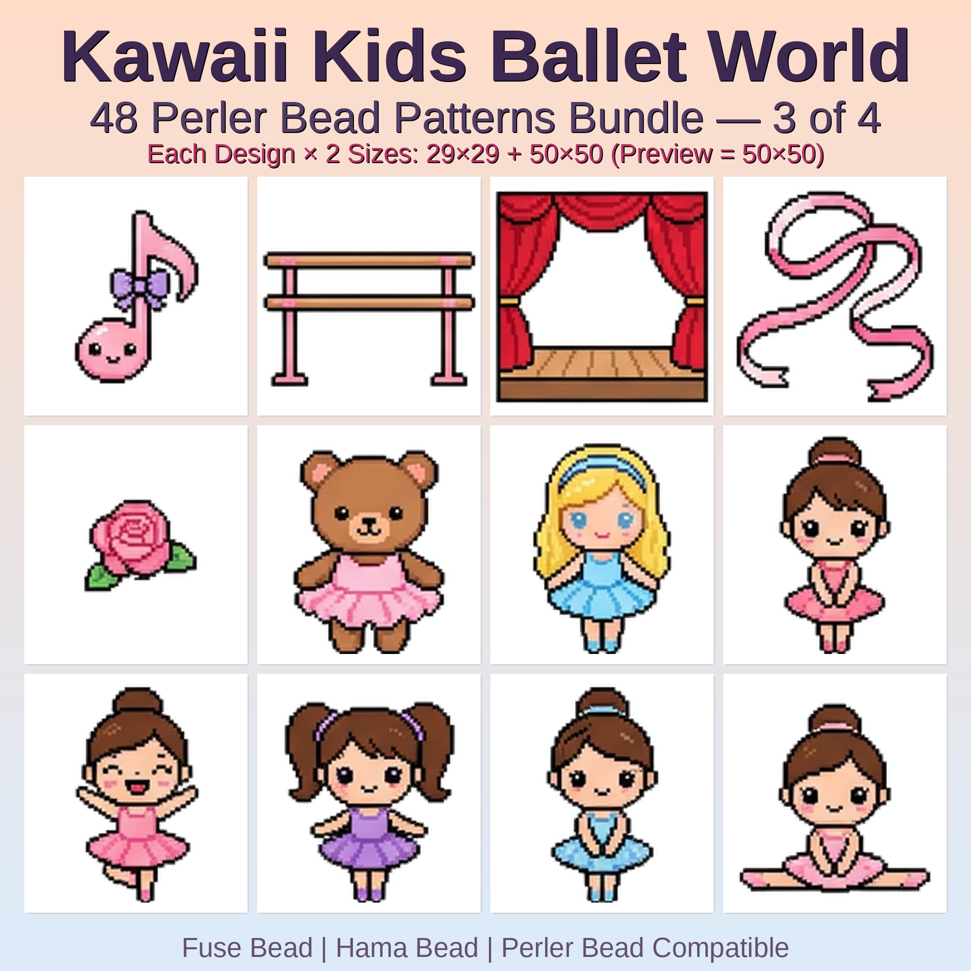 Kawaii Kids Ballet World Perler Bead Patterns Bundle, 48 Designs (PDF Digital Download)