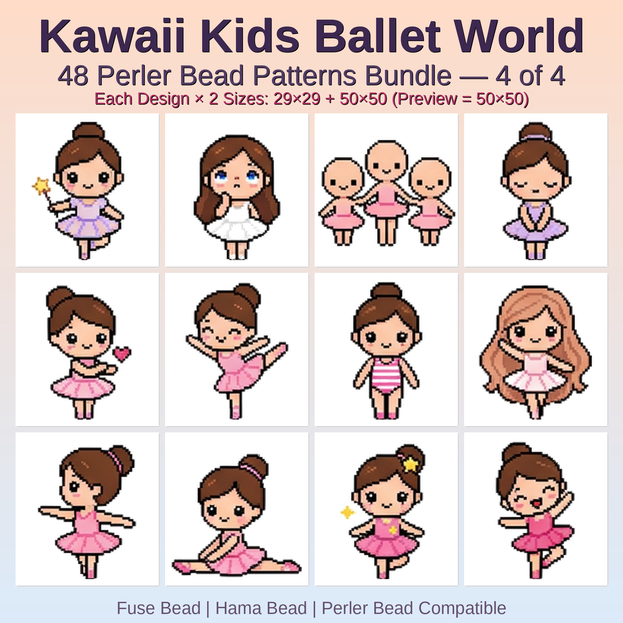 Kawaii Kids Ballet World Perler Bead Patterns Bundle, 48 Designs (PDF Digital Download)