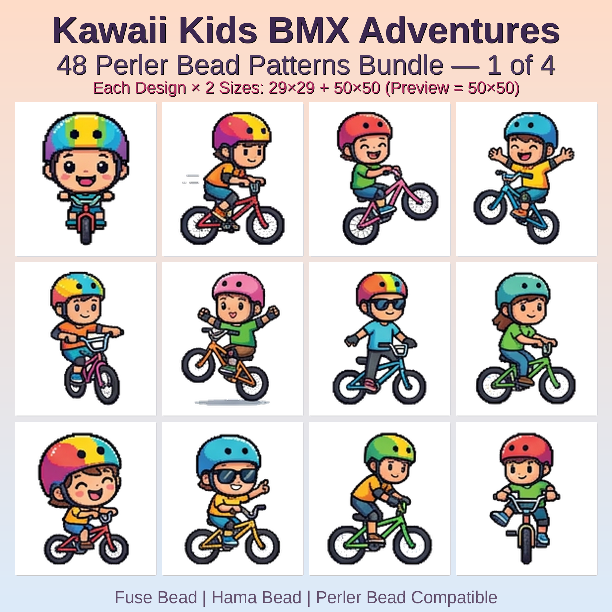 Kawaii Kids BMX Adventures Perler Bead Patterns Bundle, 48 Designs (PDF Digital Download)