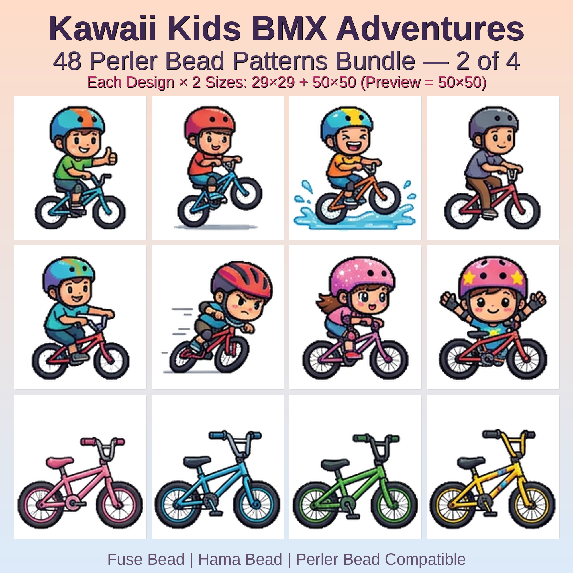 Kawaii Kids BMX Adventures Perler Bead Patterns Bundle, 48 Designs (PDF Digital Download)
