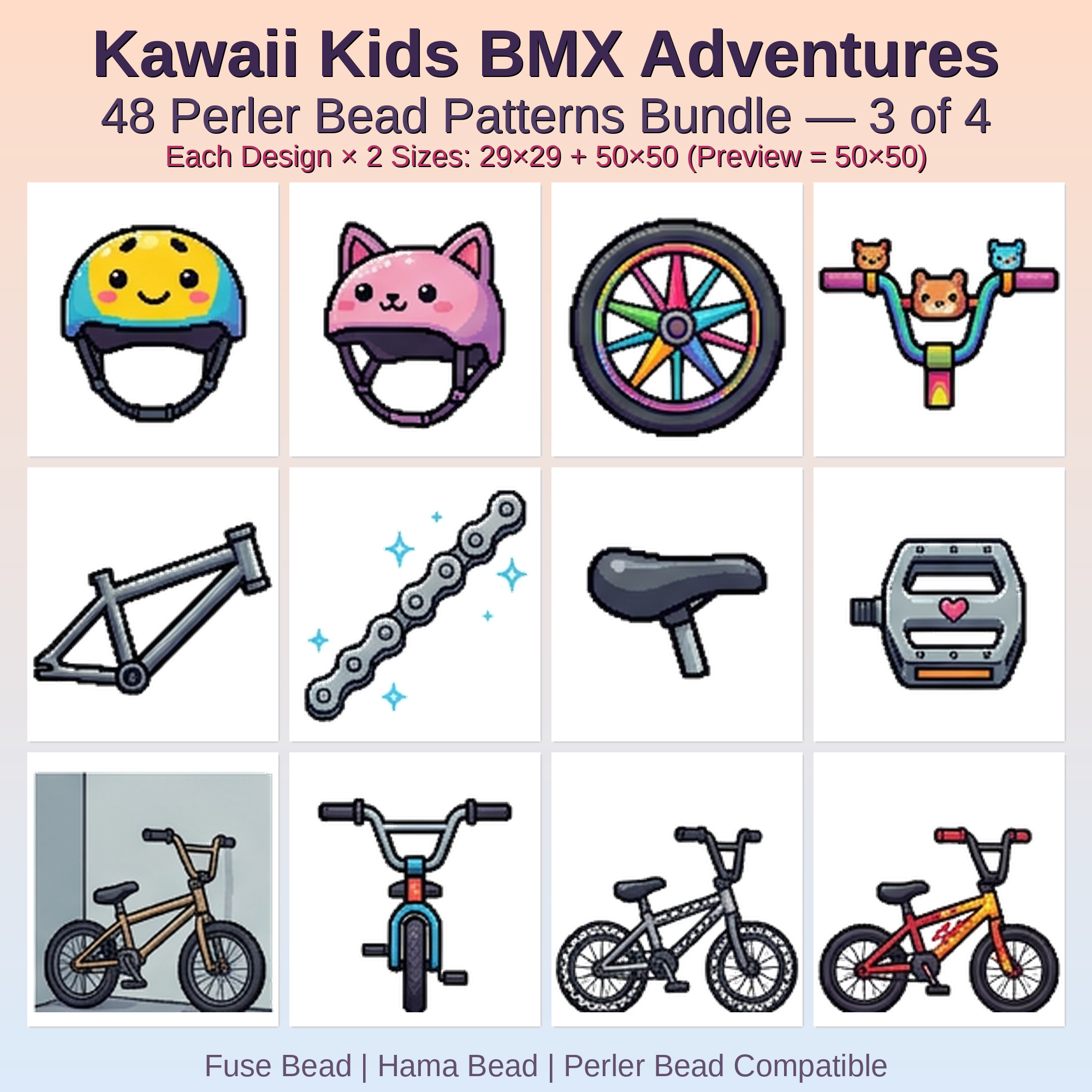 Kawaii Kids BMX Adventures Perler Bead Patterns Bundle, 48 Designs (PDF Digital Download)