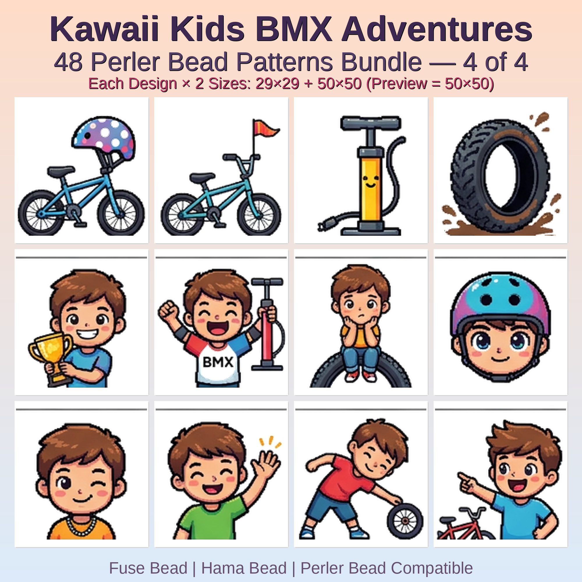 Kawaii Kids BMX Adventures Perler Bead Patterns Bundle, 48 Designs (PDF Digital Download)