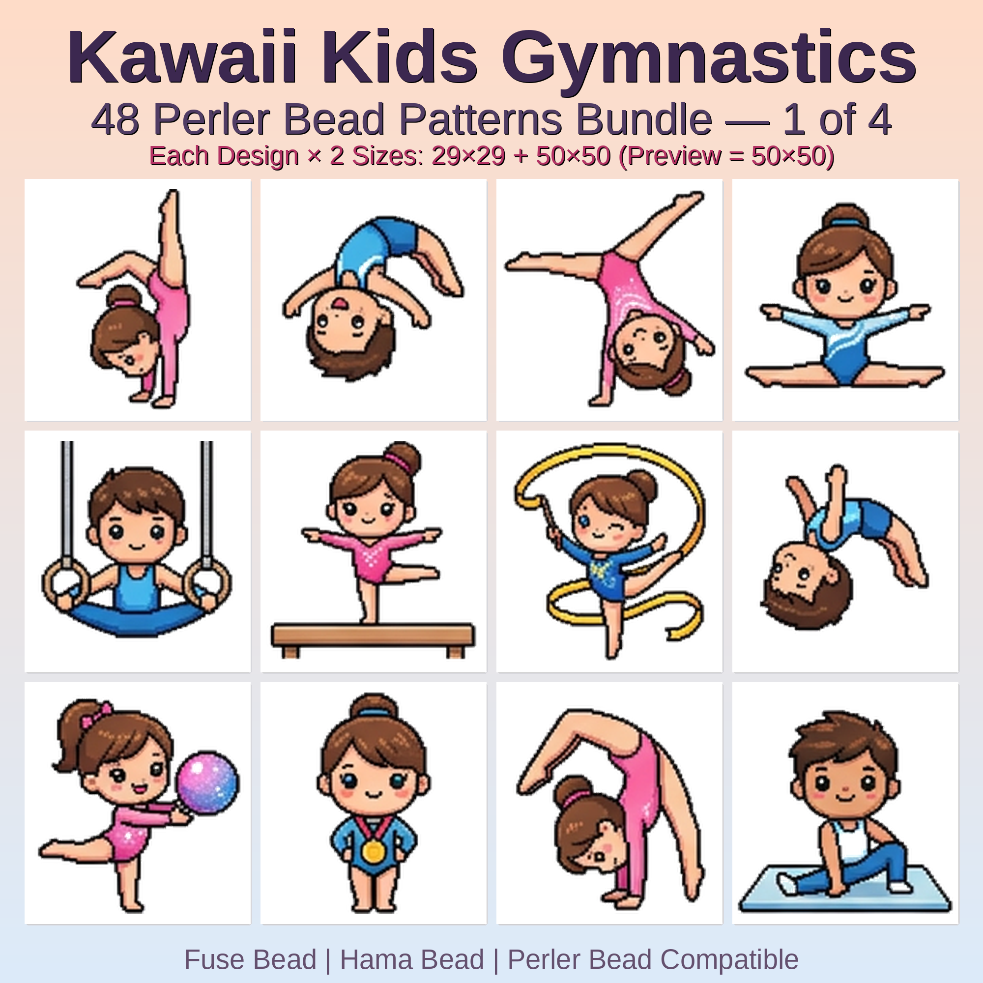 Kawaii Kids Gymnastics Perler Bead Patterns Bundle, 48 Designs (PDF Digital Download)