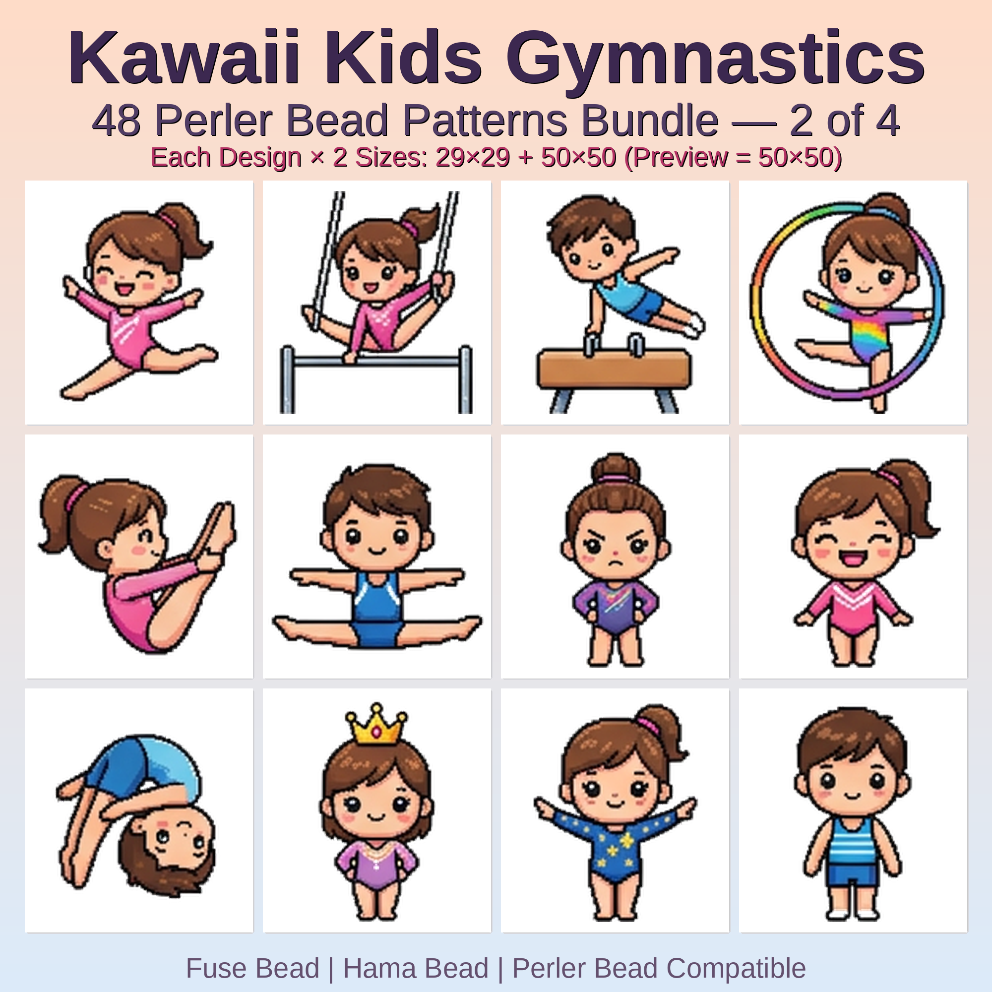 Kawaii Kids Gymnastics Perler Bead Patterns Bundle, 48 Designs (PDF Digital Download)