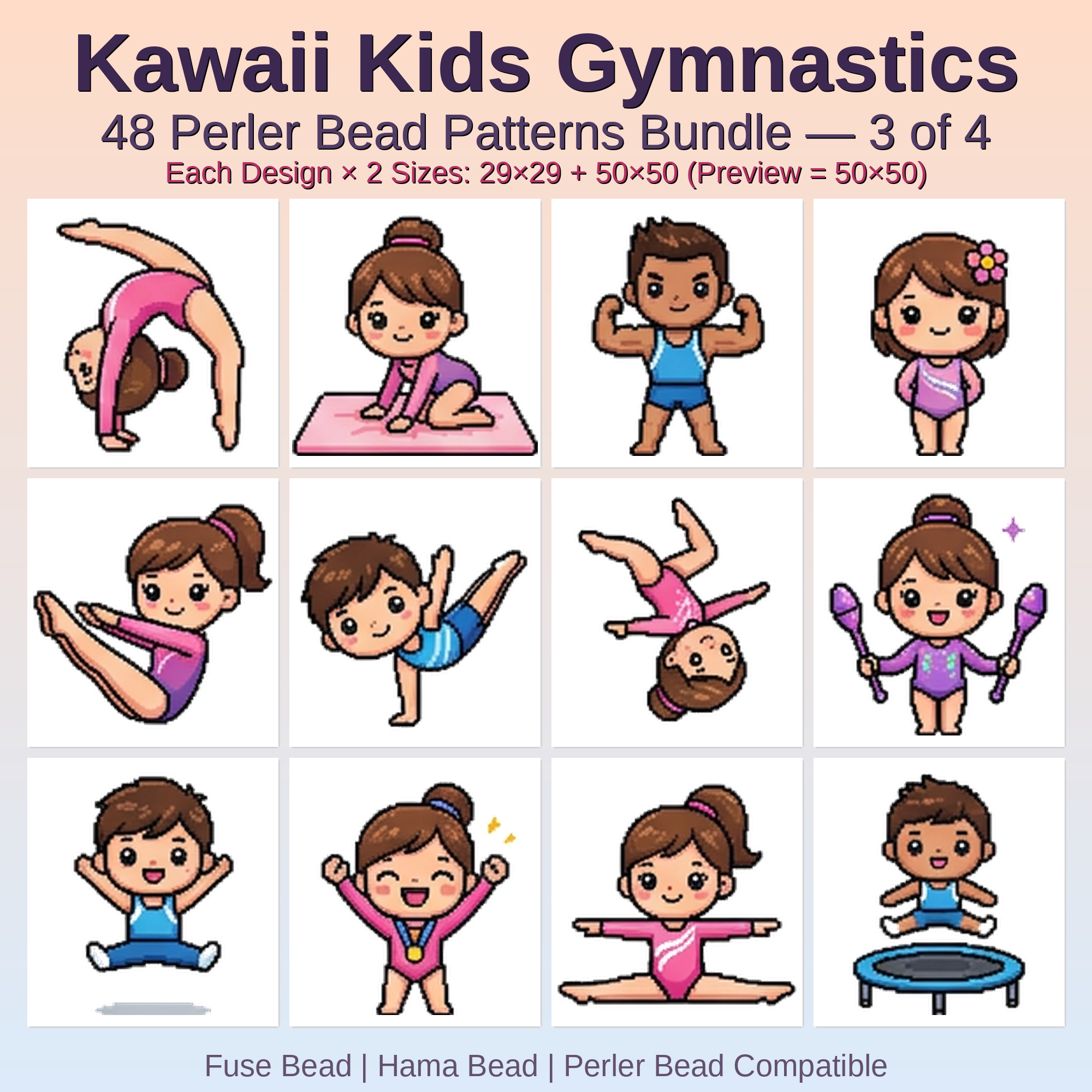 Kawaii Kids Gymnastics Perler Bead Patterns Bundle, 48 Designs (PDF Digital Download)