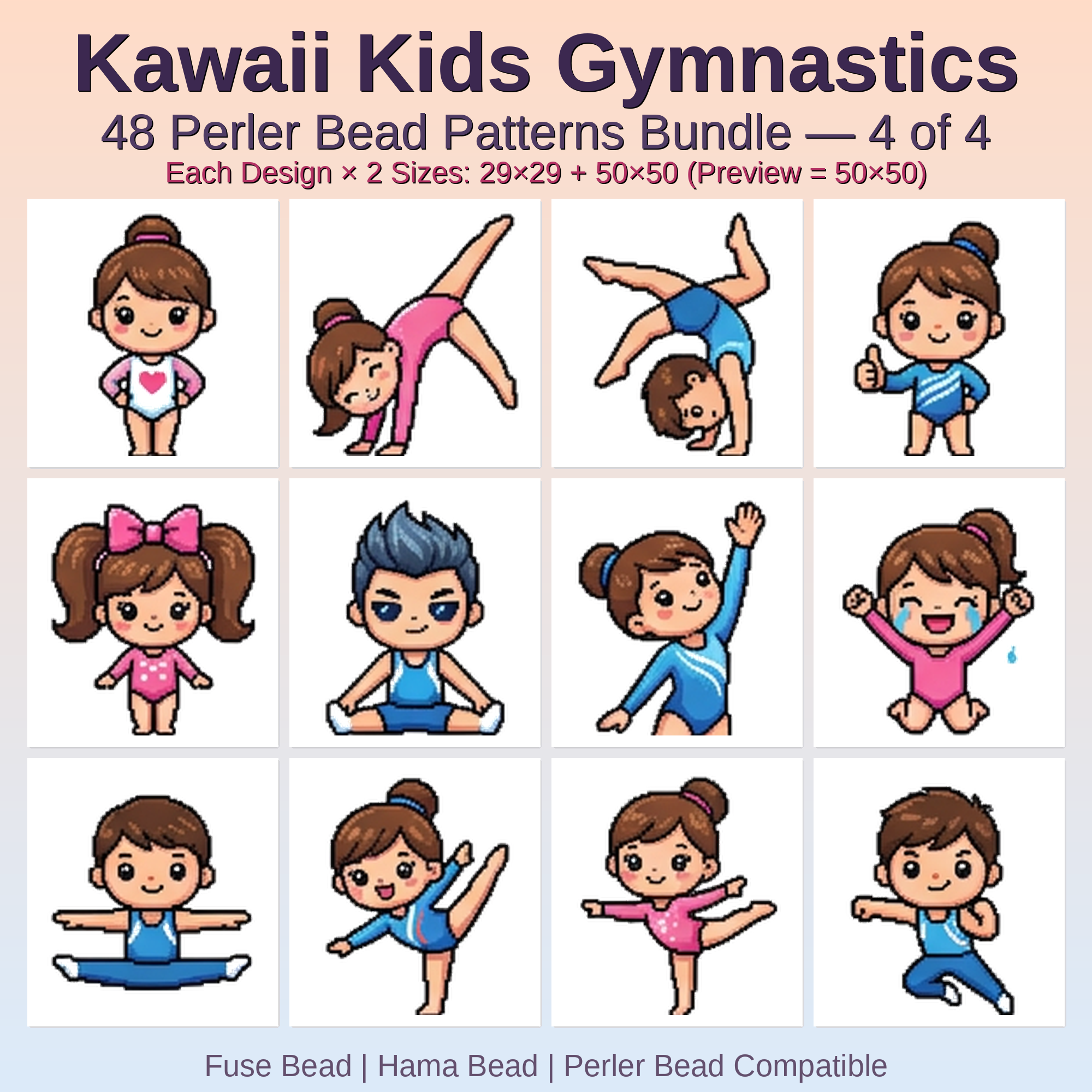 Kawaii Kids Gymnastics Perler Bead Patterns Bundle, 48 Designs (PDF Digital Download)