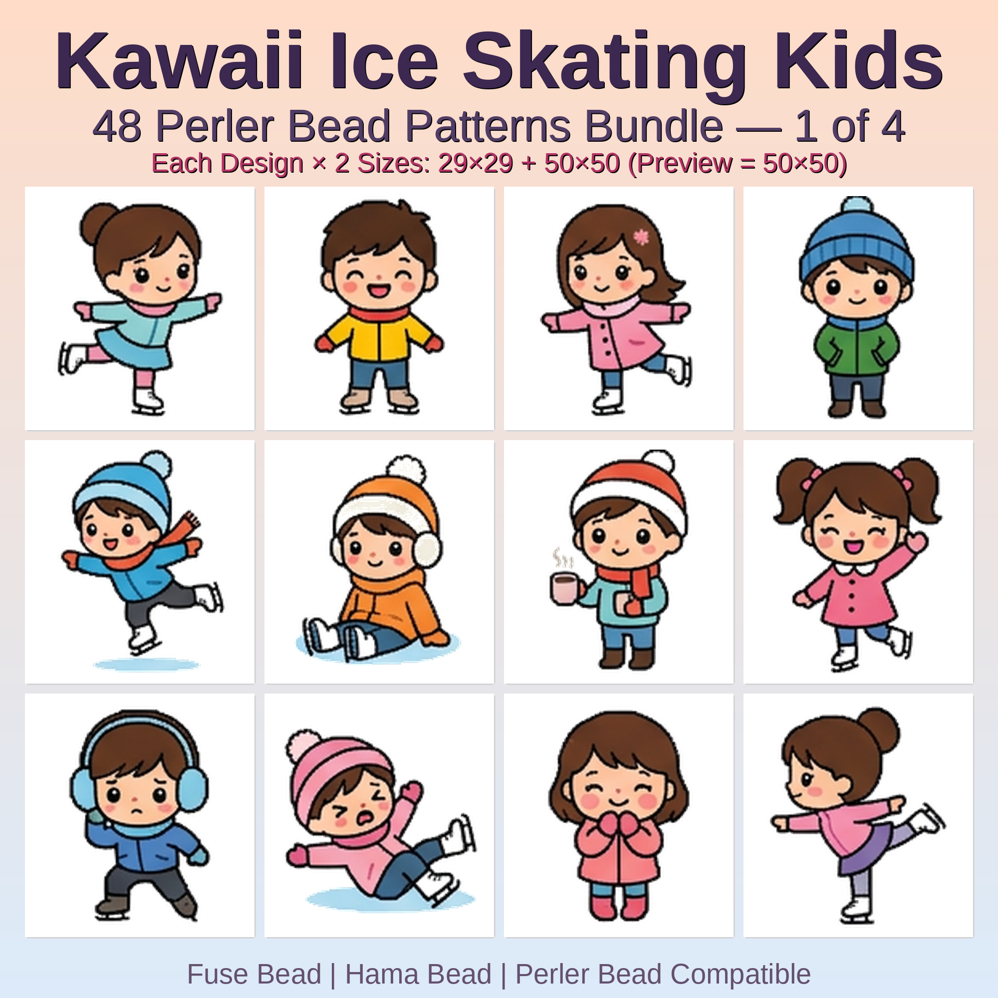 Kawaii Ice Skating Kids Perler Bead Patterns Bundle, 48 Designs (PDF Digital Download)