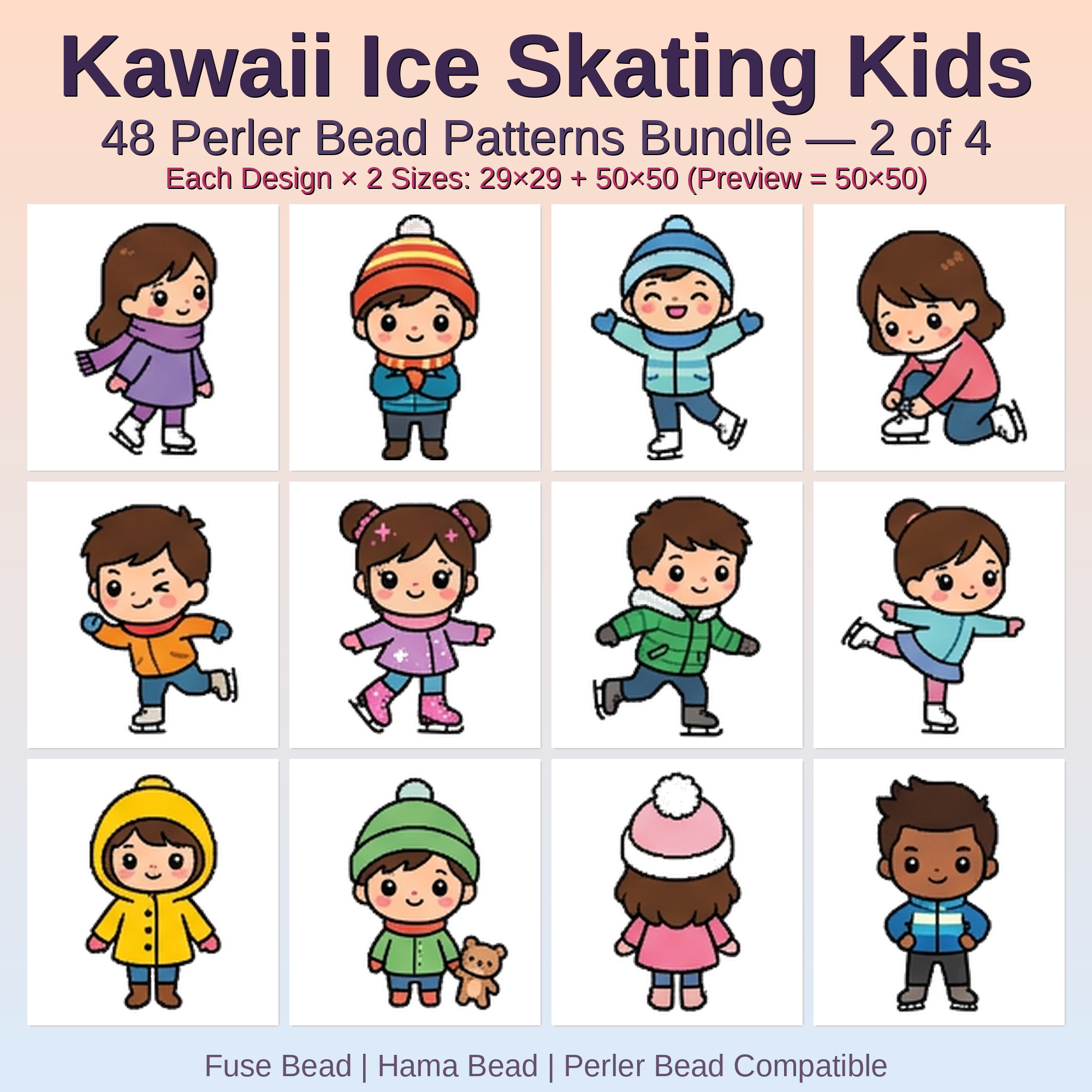 Kawaii Ice Skating Kids Perler Bead Patterns Bundle, 48 Designs (PDF Digital Download)