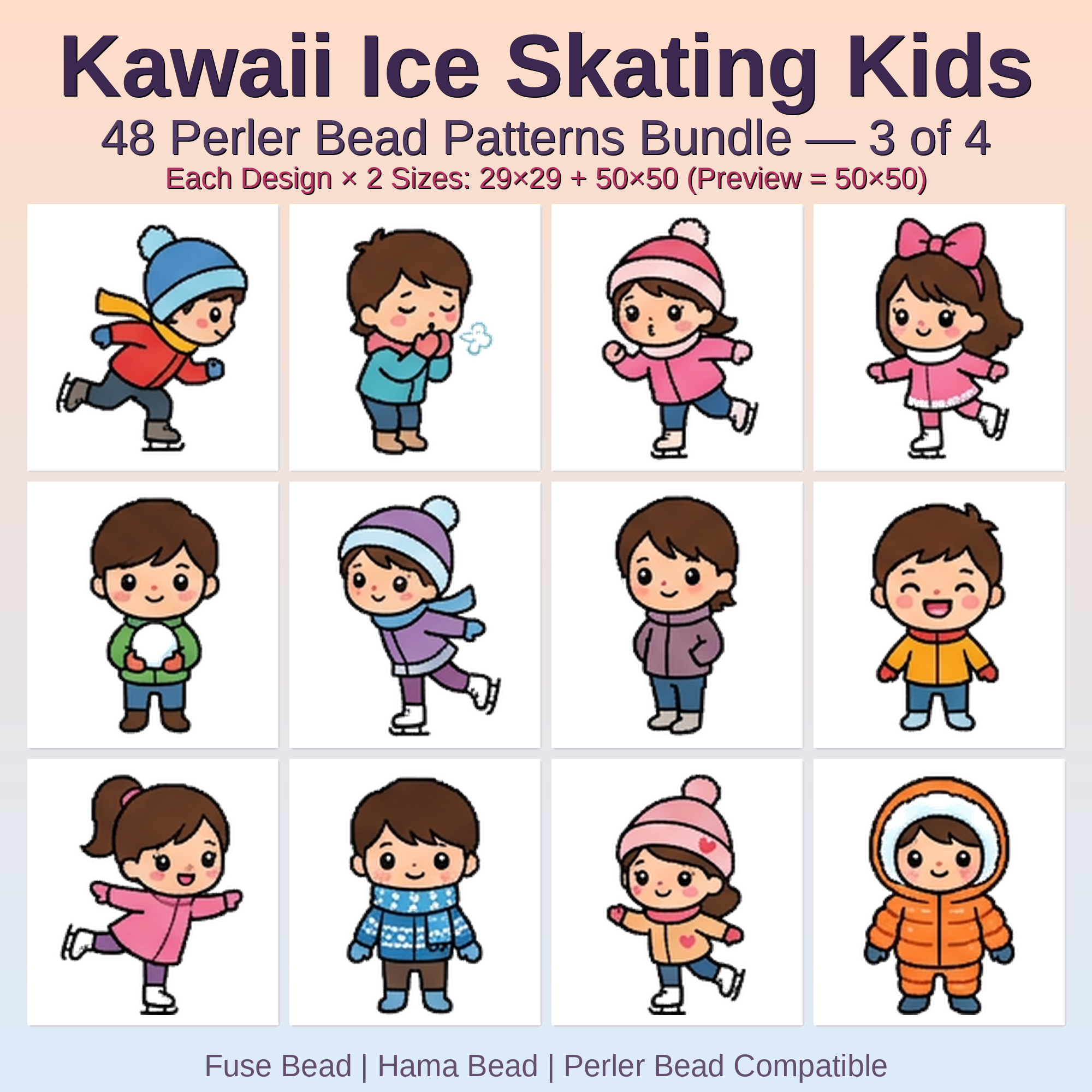 Kawaii Ice Skating Kids Perler Bead Patterns Bundle, 48 Designs (PDF Digital Download)