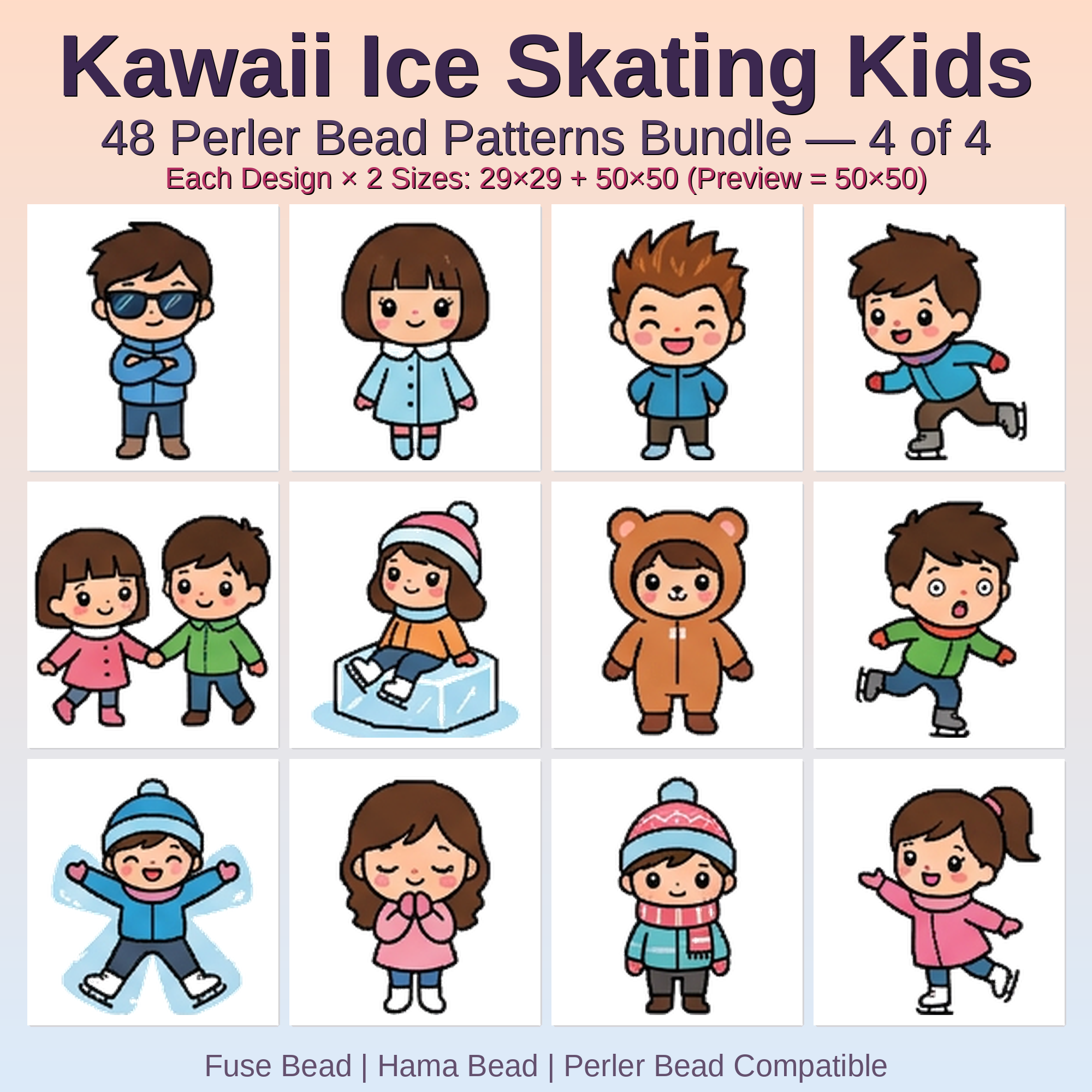Kawaii Ice Skating Kids Perler Bead Patterns Bundle, 48 Designs (PDF Digital Download)