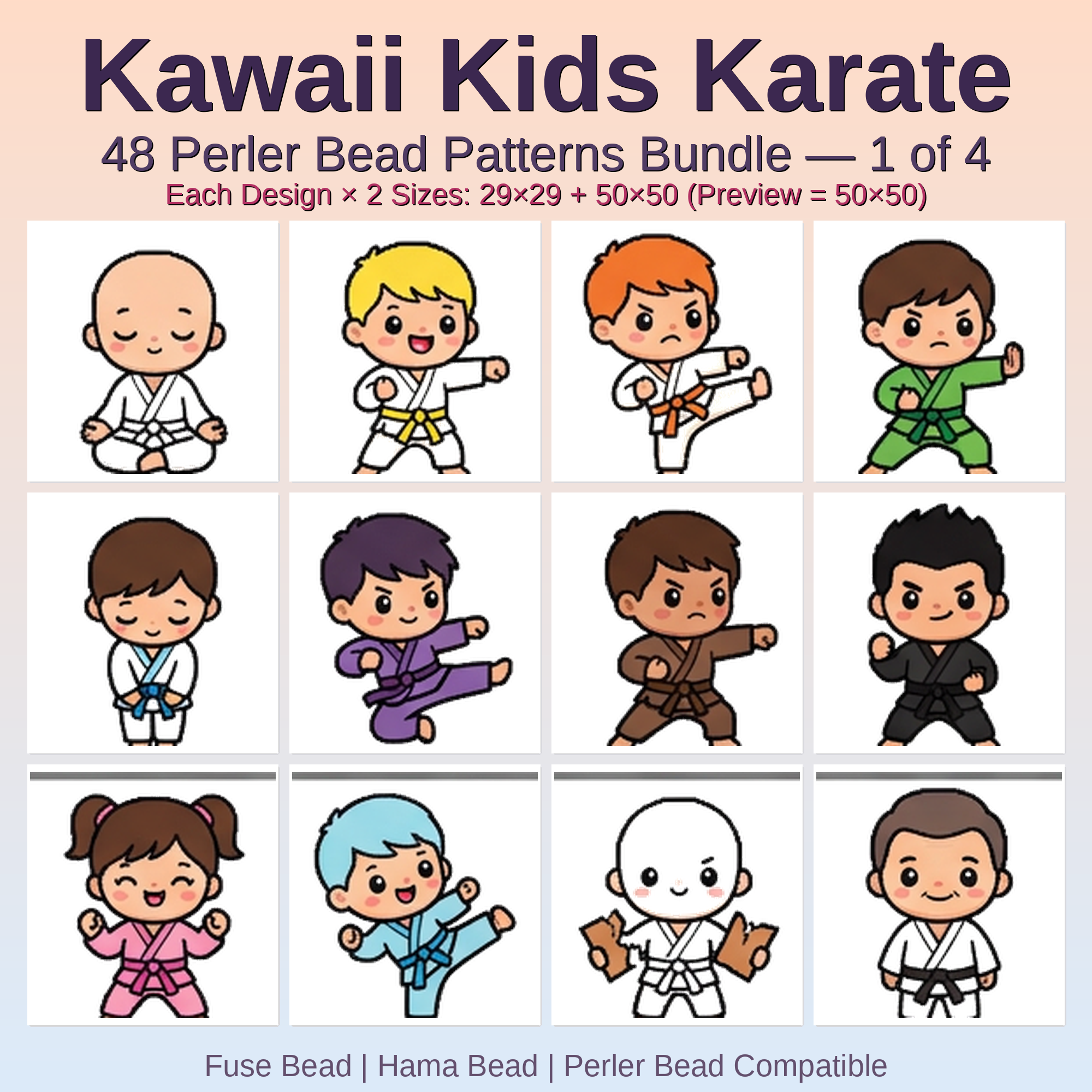 Kawaii Kids Karate Perler Bead Patterns Bundle, 48 Designs (PDF Digital Download)