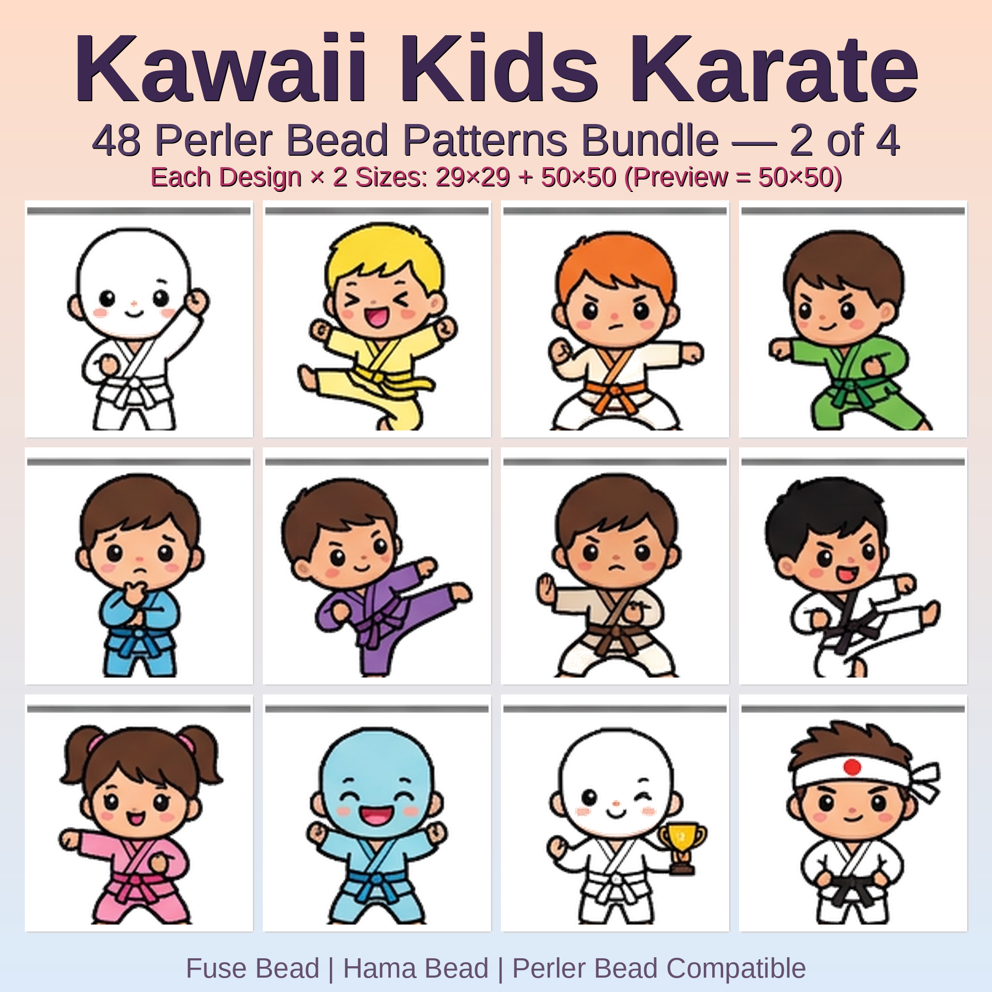 Kawaii Kids Karate Perler Bead Patterns Bundle, 48 Designs (PDF Digital Download)