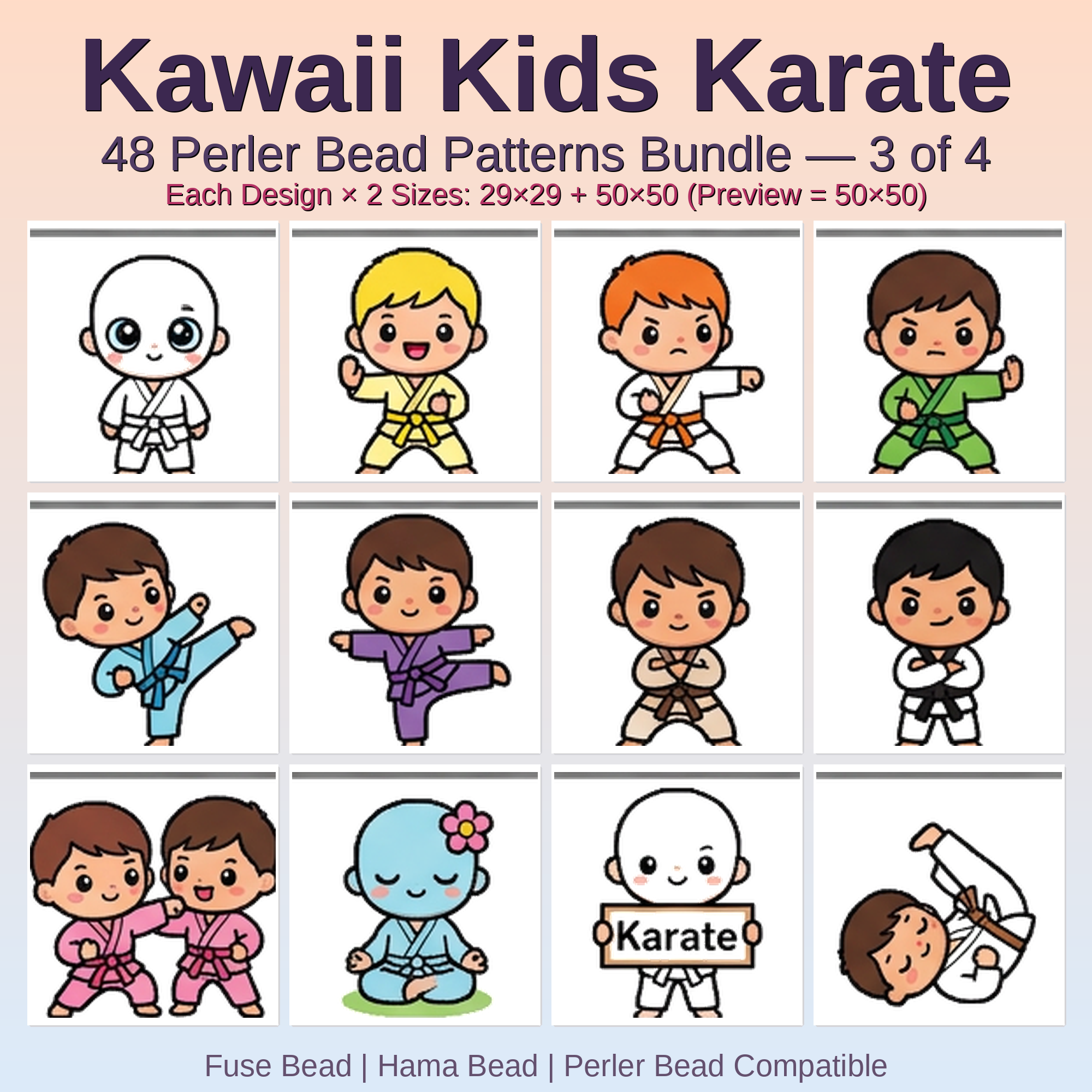 Kawaii Kids Karate Perler Bead Patterns Bundle, 48 Designs (PDF Digital Download)