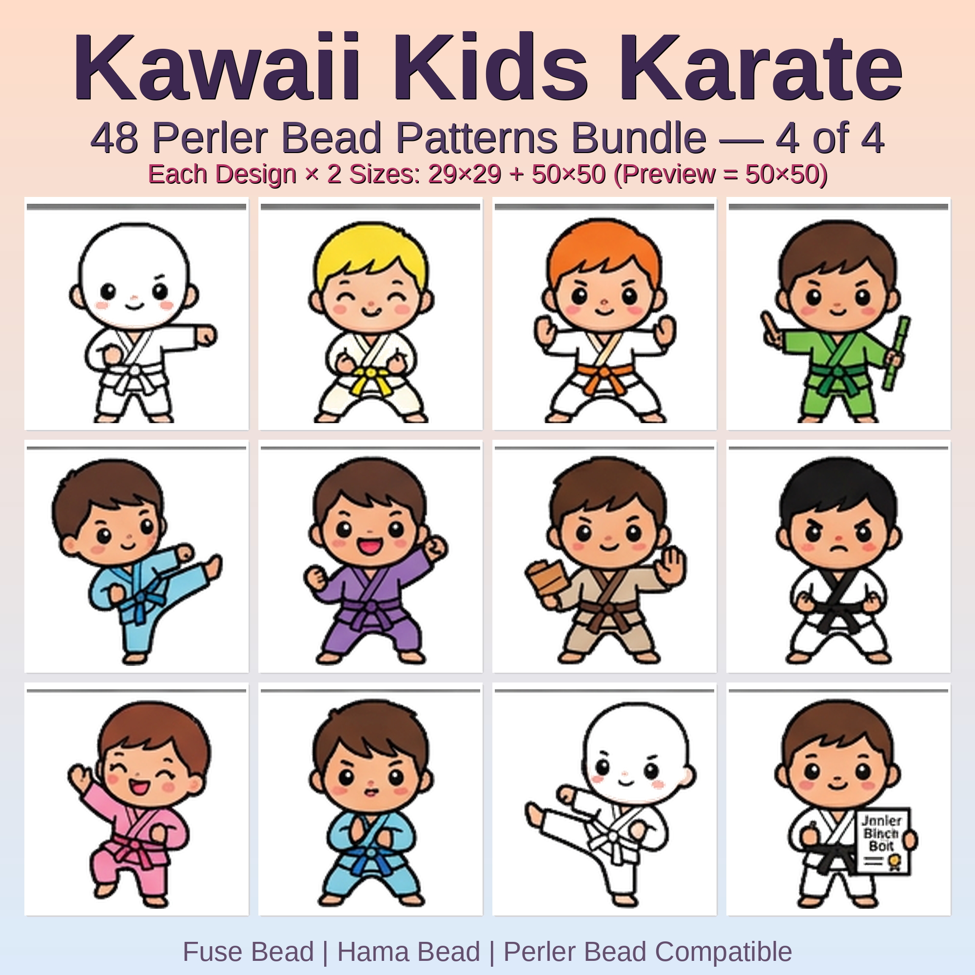 Kawaii Kids Karate Perler Bead Patterns Bundle, 48 Designs (PDF Digital Download)