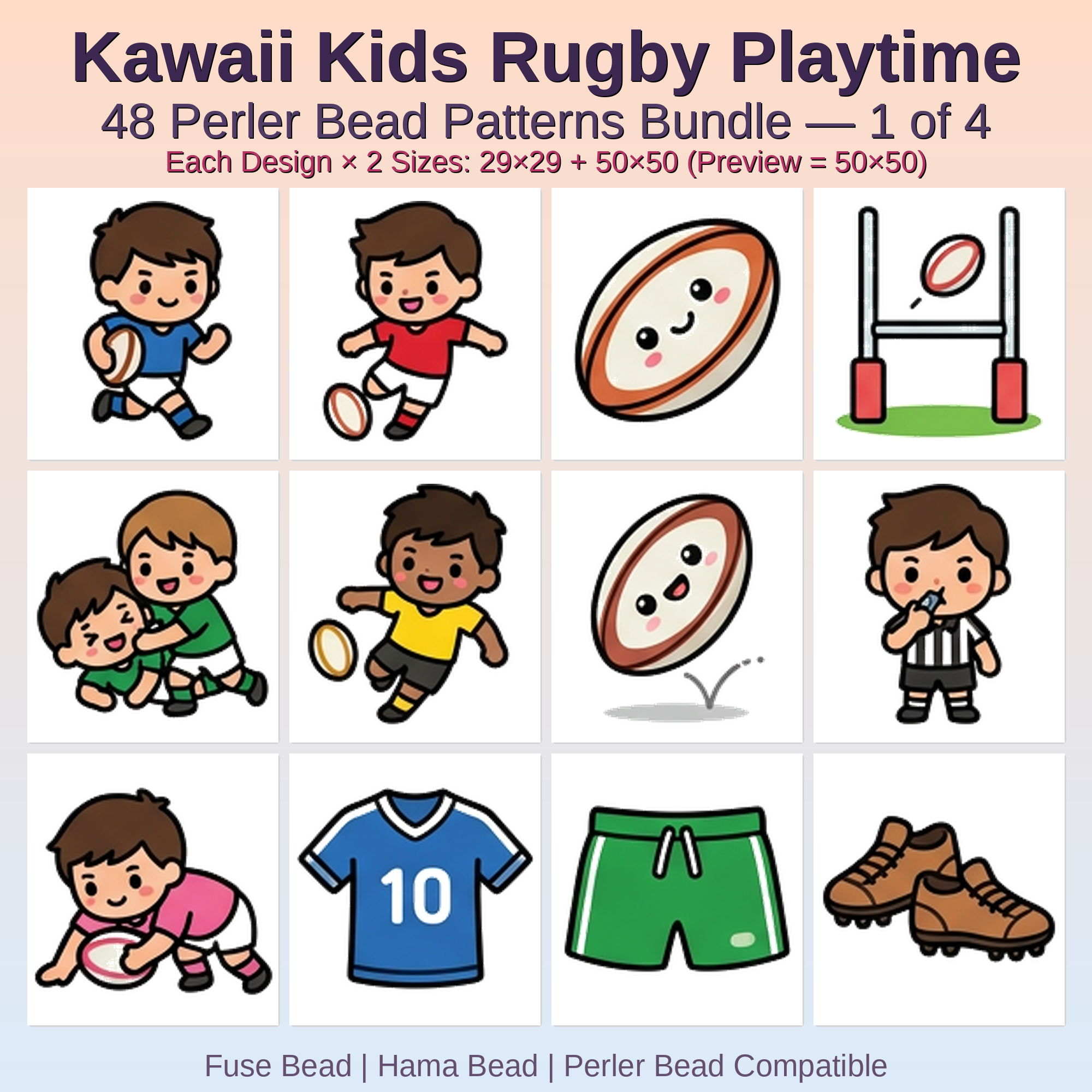 Kawaii Kids Rugby Playtime Perler Bead Patterns Bundle, 48 Designs (PDF Digital Download)