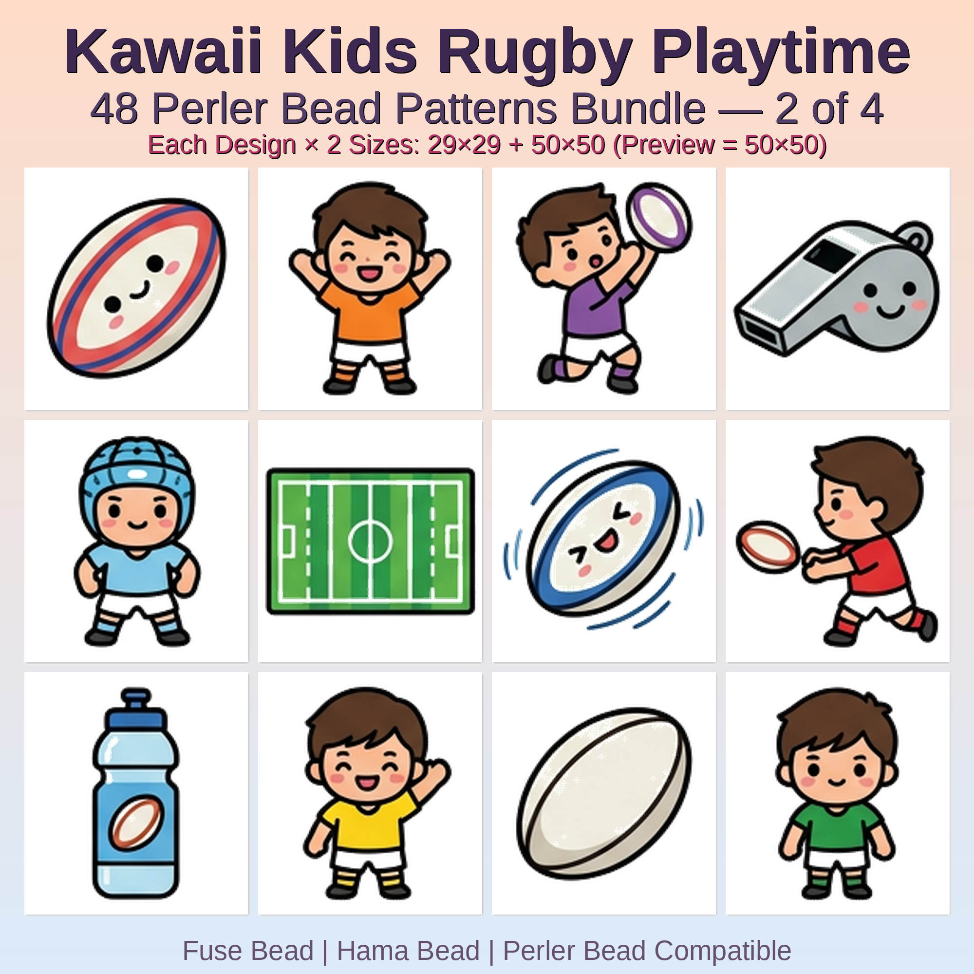 Kawaii Kids Rugby Playtime Perler Bead Patterns Bundle, 48 Designs (PDF Digital Download)