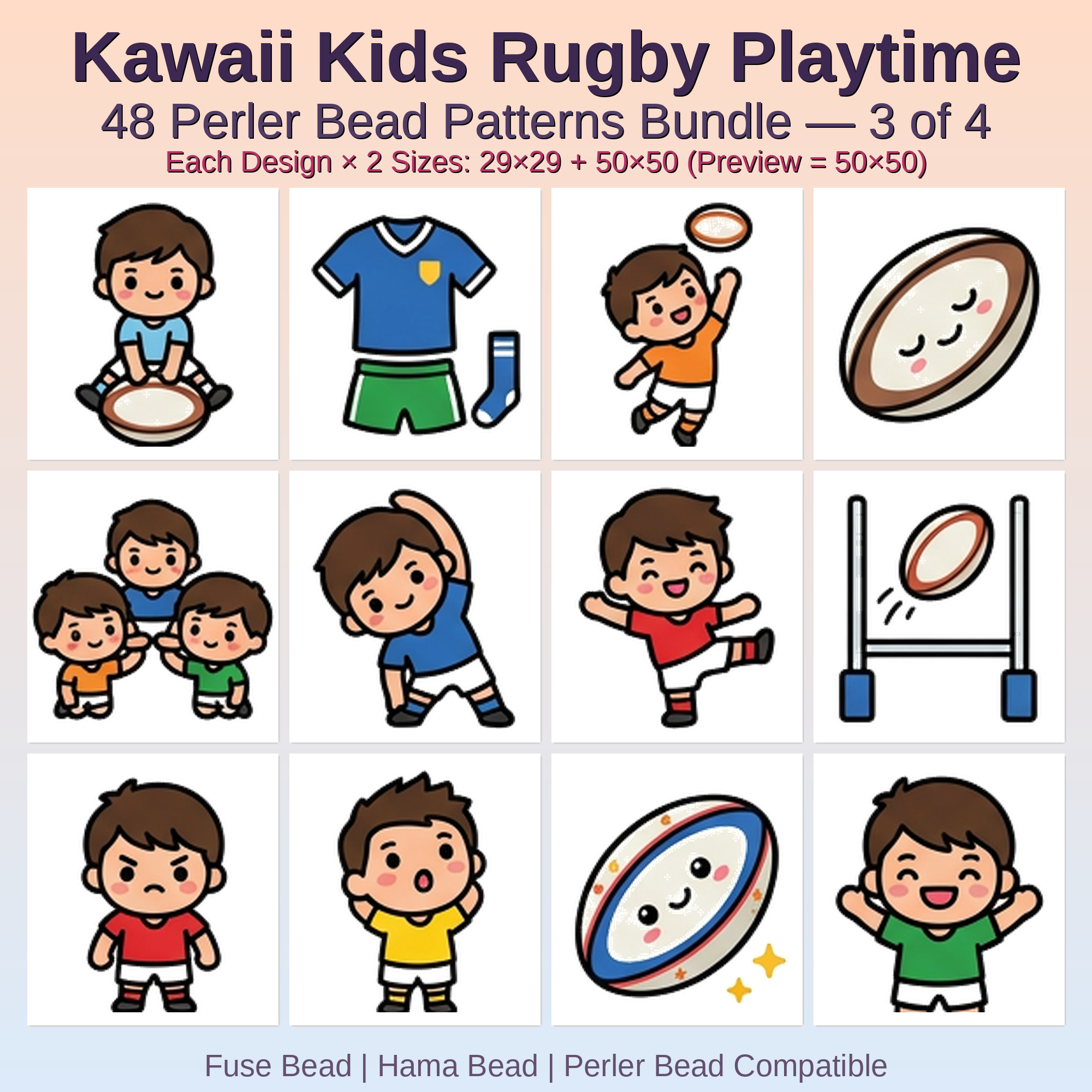 Kawaii Kids Rugby Playtime Perler Bead Patterns Bundle, 48 Designs (PDF Digital Download)