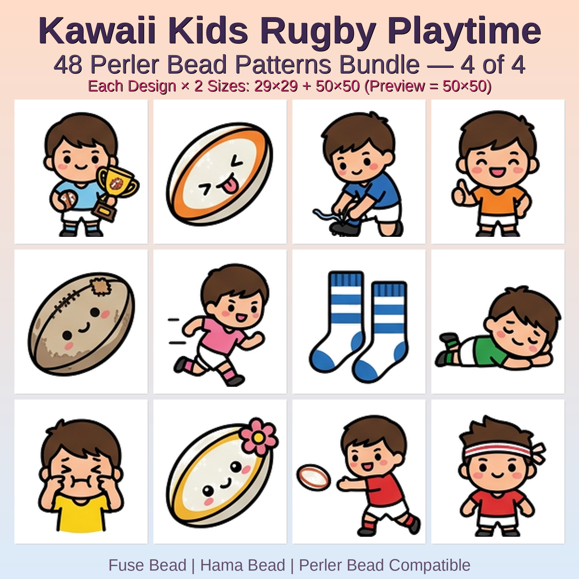 Kawaii Kids Rugby Playtime Perler Bead Patterns Bundle, 48 Designs (PDF Digital Download)