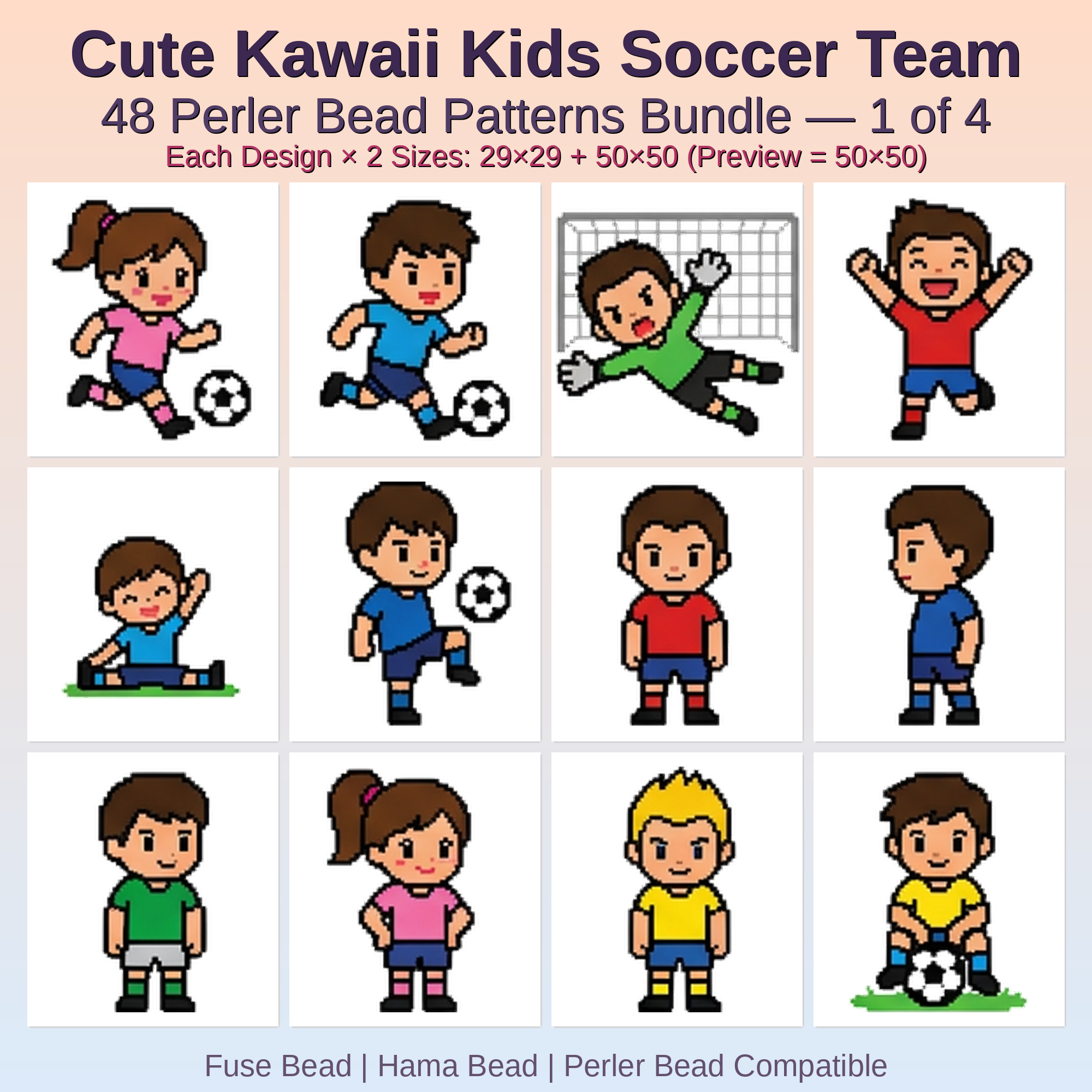 Cute Kawaii Kids Soccer Team Perler Bead Patterns Bundle, 48 Designs (PDF Digital Download)