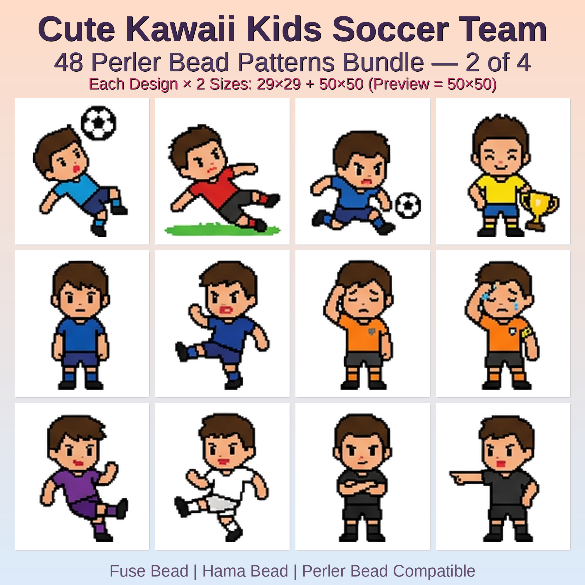 Cute Kawaii Kids Soccer Team Perler Bead Patterns Bundle, 48 Designs (PDF Digital Download)