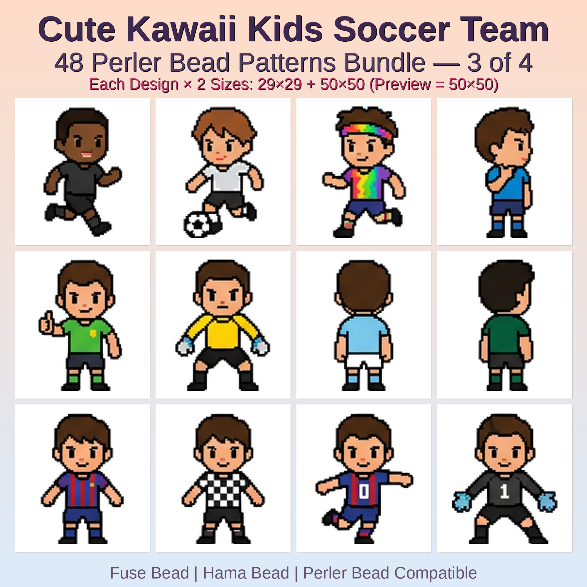 Cute Kawaii Kids Soccer Team Perler Bead Patterns Bundle, 48 Designs (PDF Digital Download)