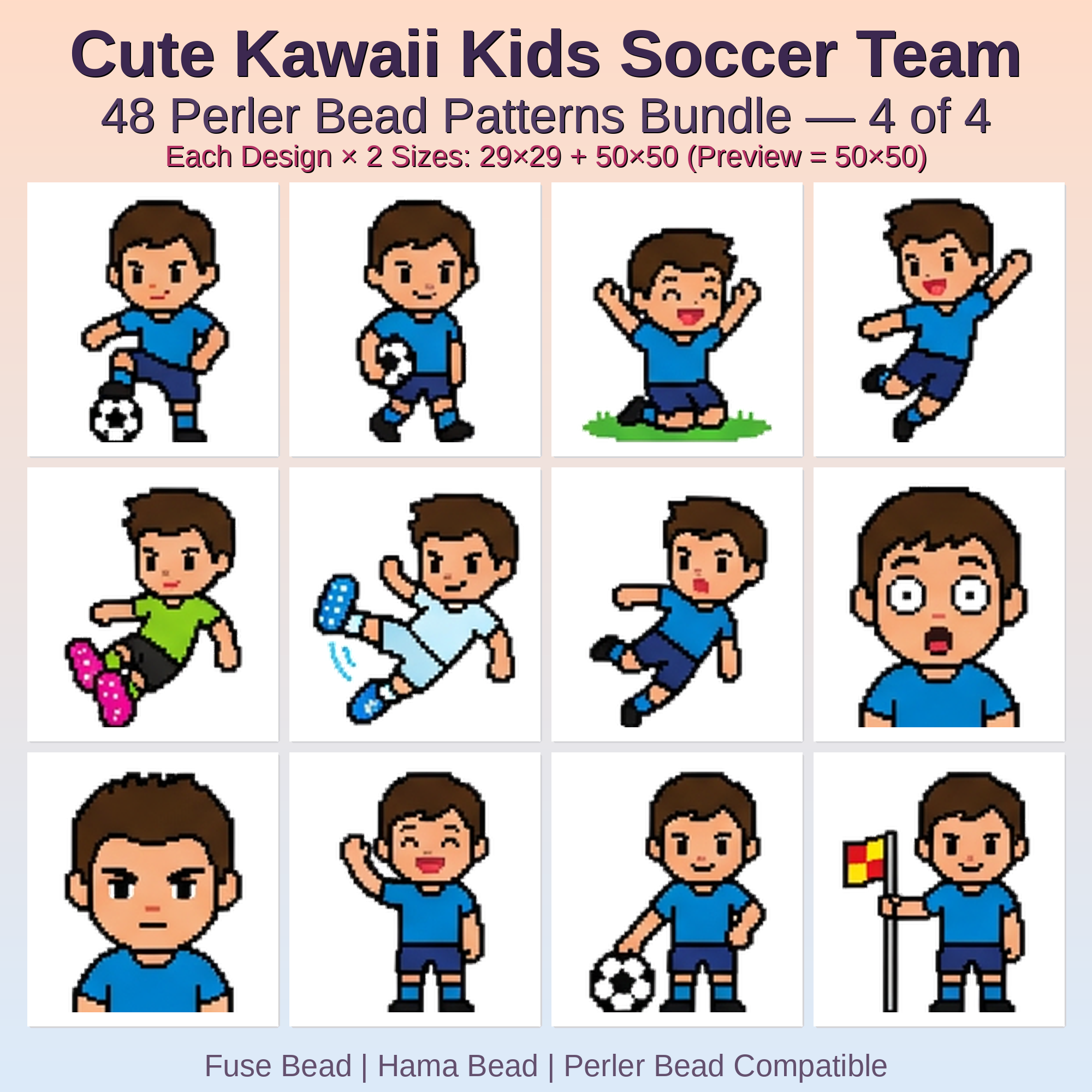 Cute Kawaii Kids Soccer Team Perler Bead Patterns Bundle, 48 Designs (PDF Digital Download)