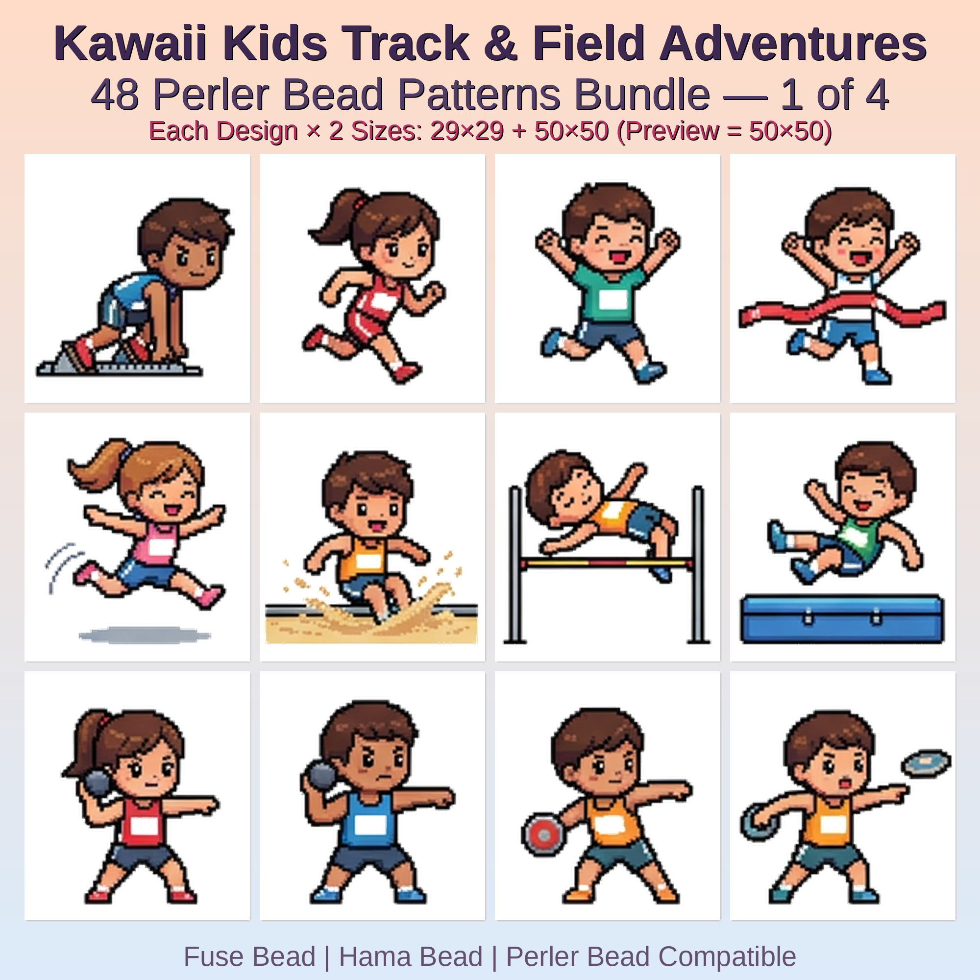Kawaii Kids Track & Field Adventures Perler Bead Patterns Bundle, 48 Designs (PDF Digital Download)