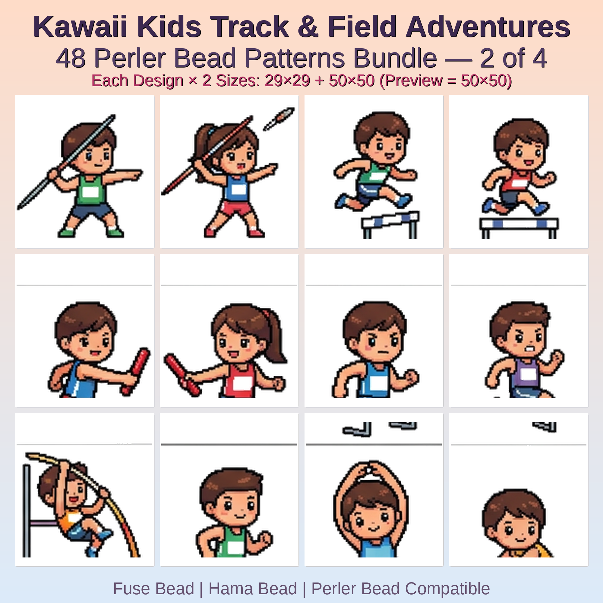 Kawaii Kids Track & Field Adventures Perler Bead Patterns Bundle, 48 Designs (PDF Digital Download)