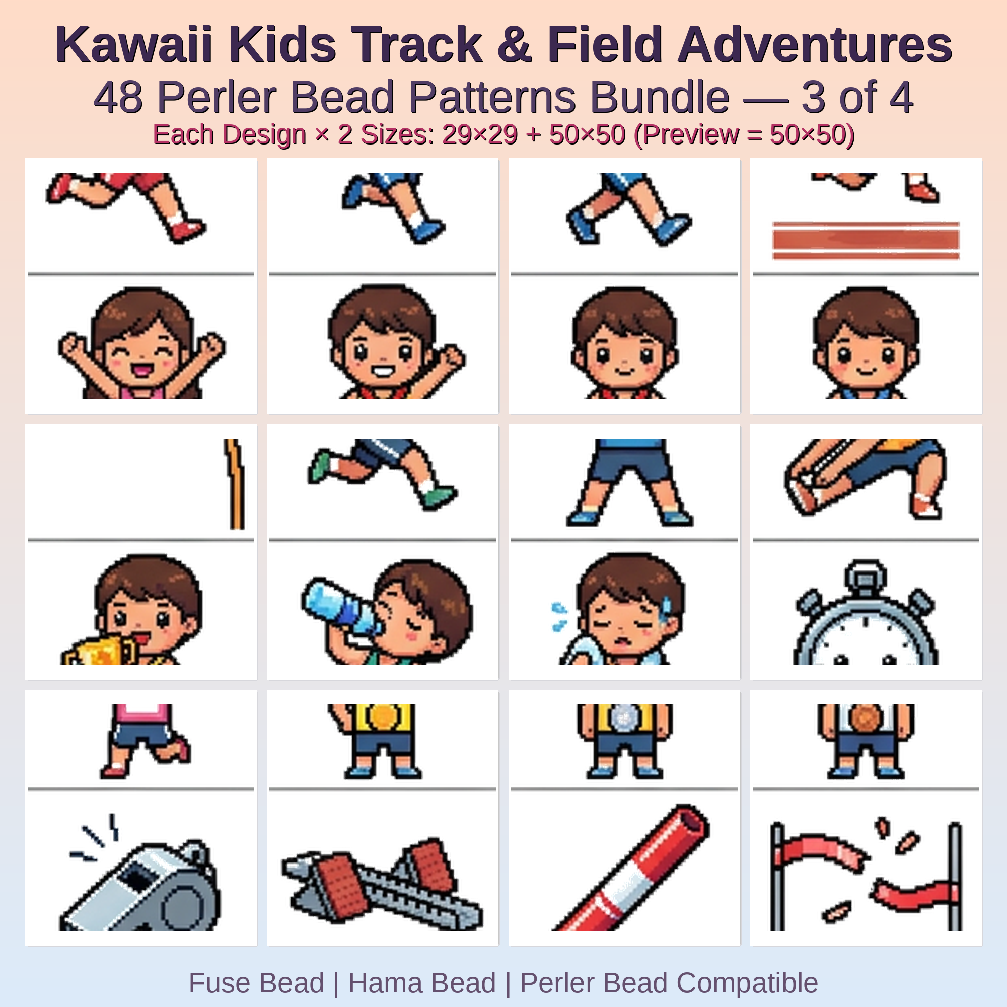 Kawaii Kids Track & Field Adventures Perler Bead Patterns Bundle, 48 Designs (PDF Digital Download)