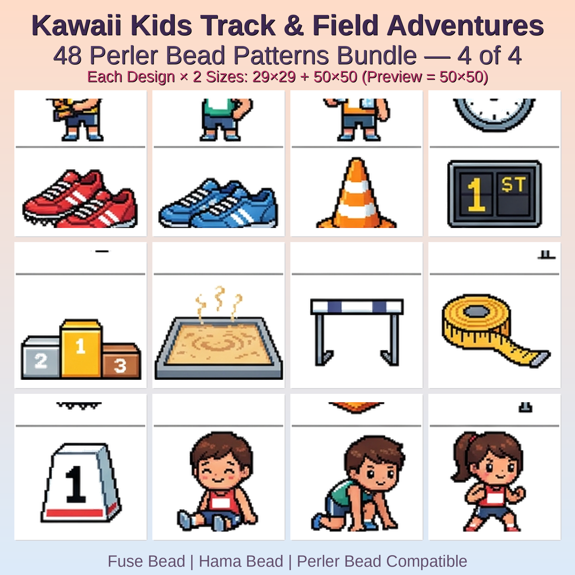 Kawaii Kids Track & Field Adventures Perler Bead Patterns Bundle, 48 Designs (PDF Digital Download)