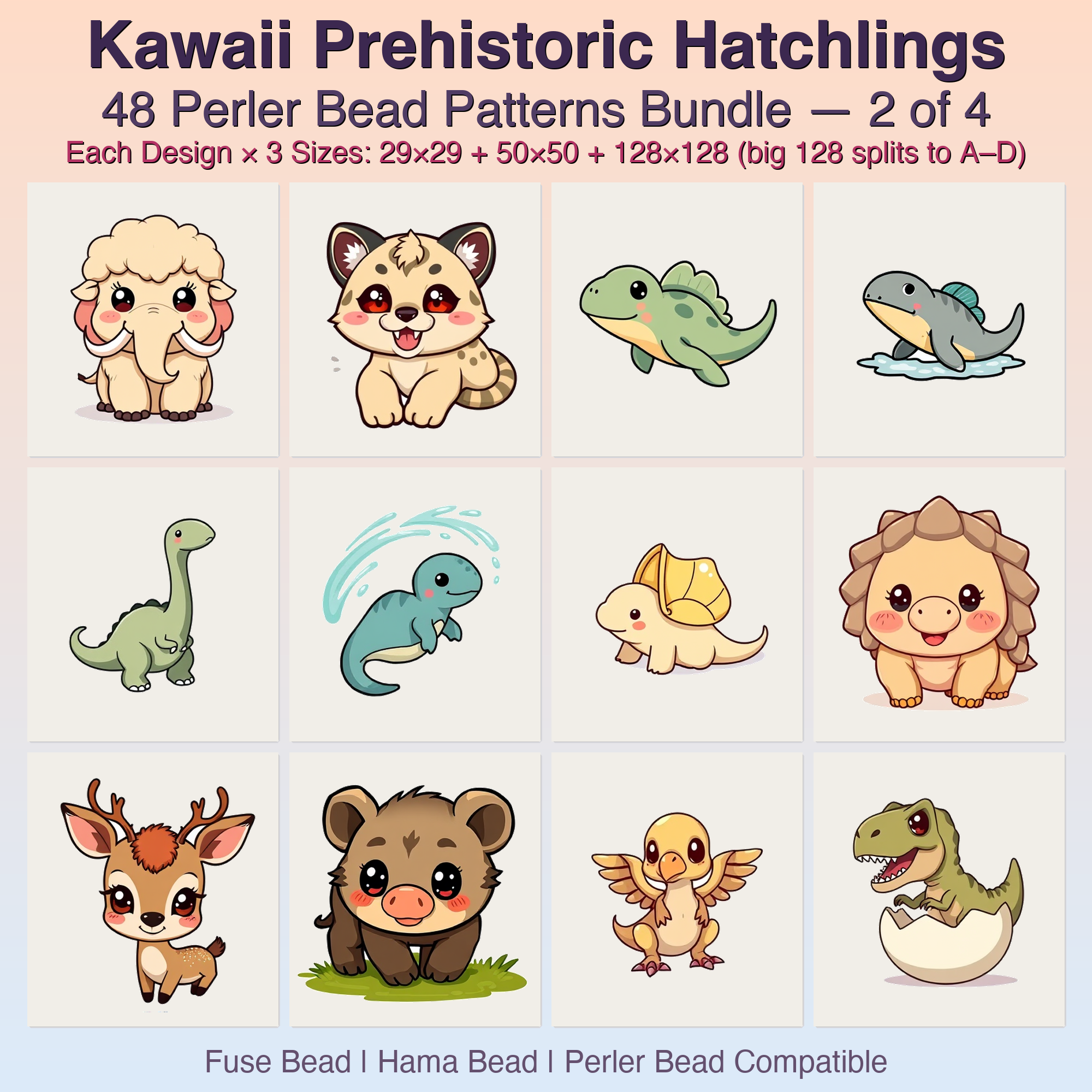 Kawaii Prehistoric Hatchlings Perler Bead Patterns, 48 Designs x 3 Grid Sizes (29x29 + 50x50 + 128x128), Fuse Bead PDF Digital Download