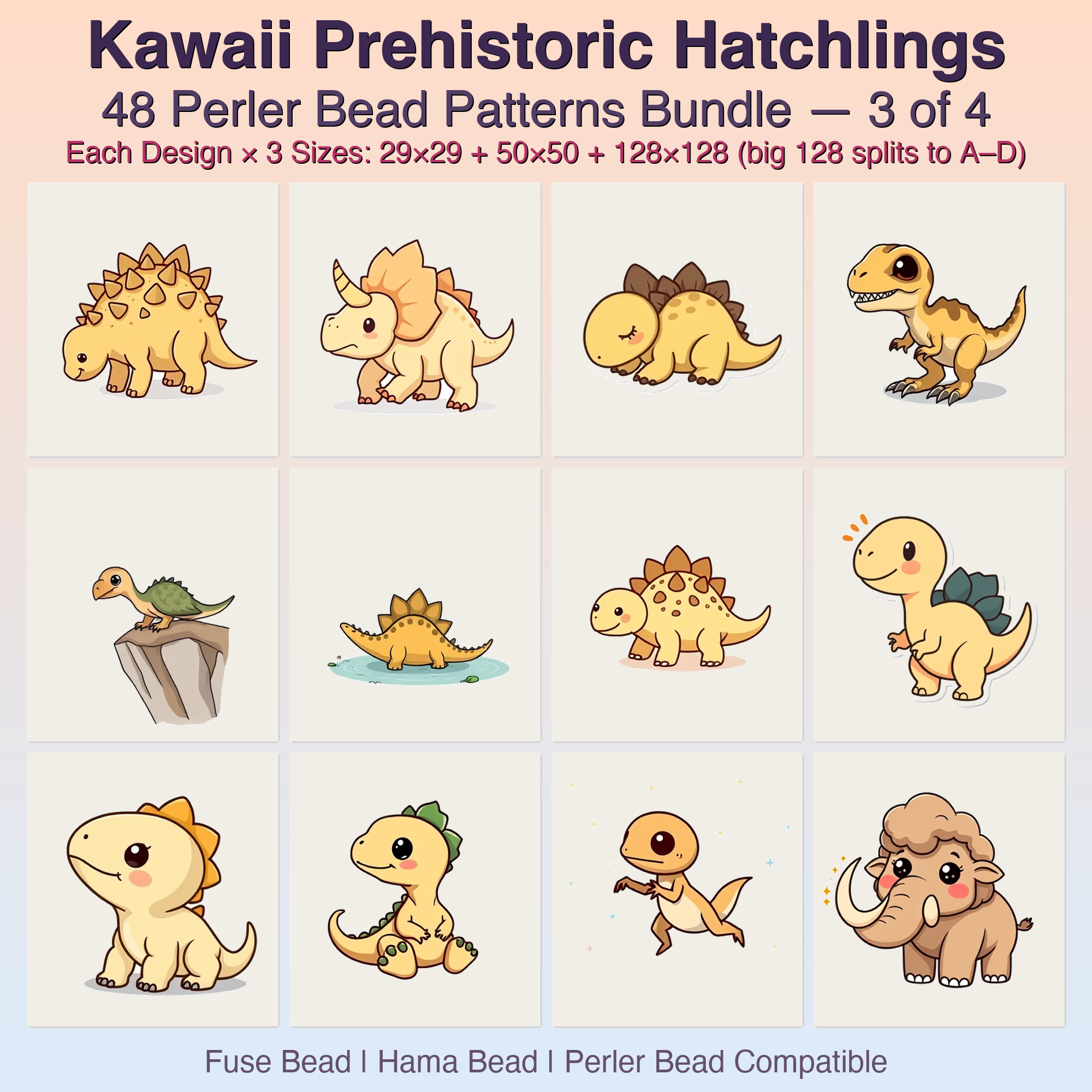 Kawaii Prehistoric Hatchlings Perler Bead Patterns, 48 Designs x 3 Grid Sizes (29x29 + 50x50 + 128x128), Fuse Bead PDF Digital Download