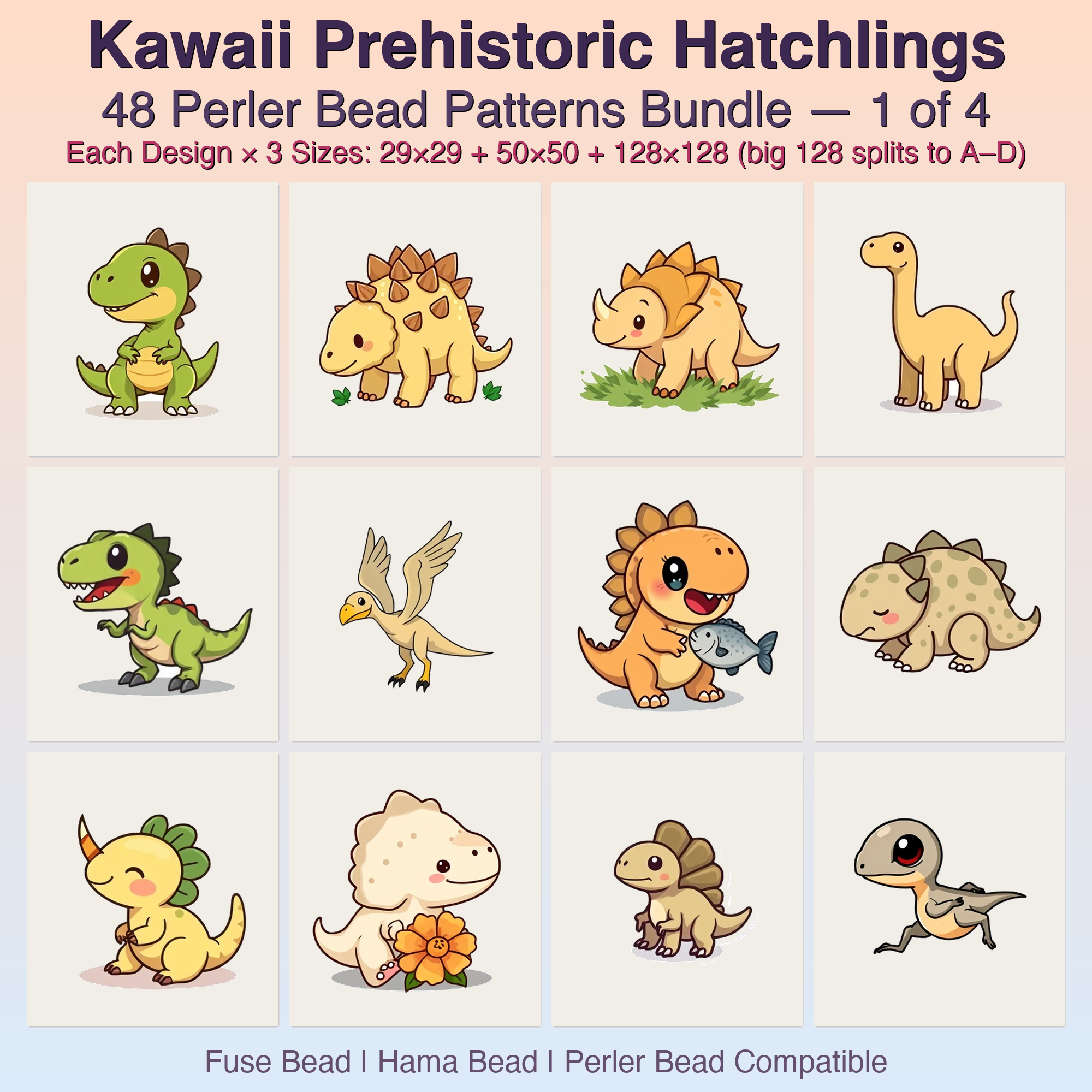Kawaii Prehistoric Hatchlings Perler Bead Patterns, 48 Designs x 3 Grid Sizes (29x29 + 50x50 + 128x128), Fuse Bead PDF Digital Download