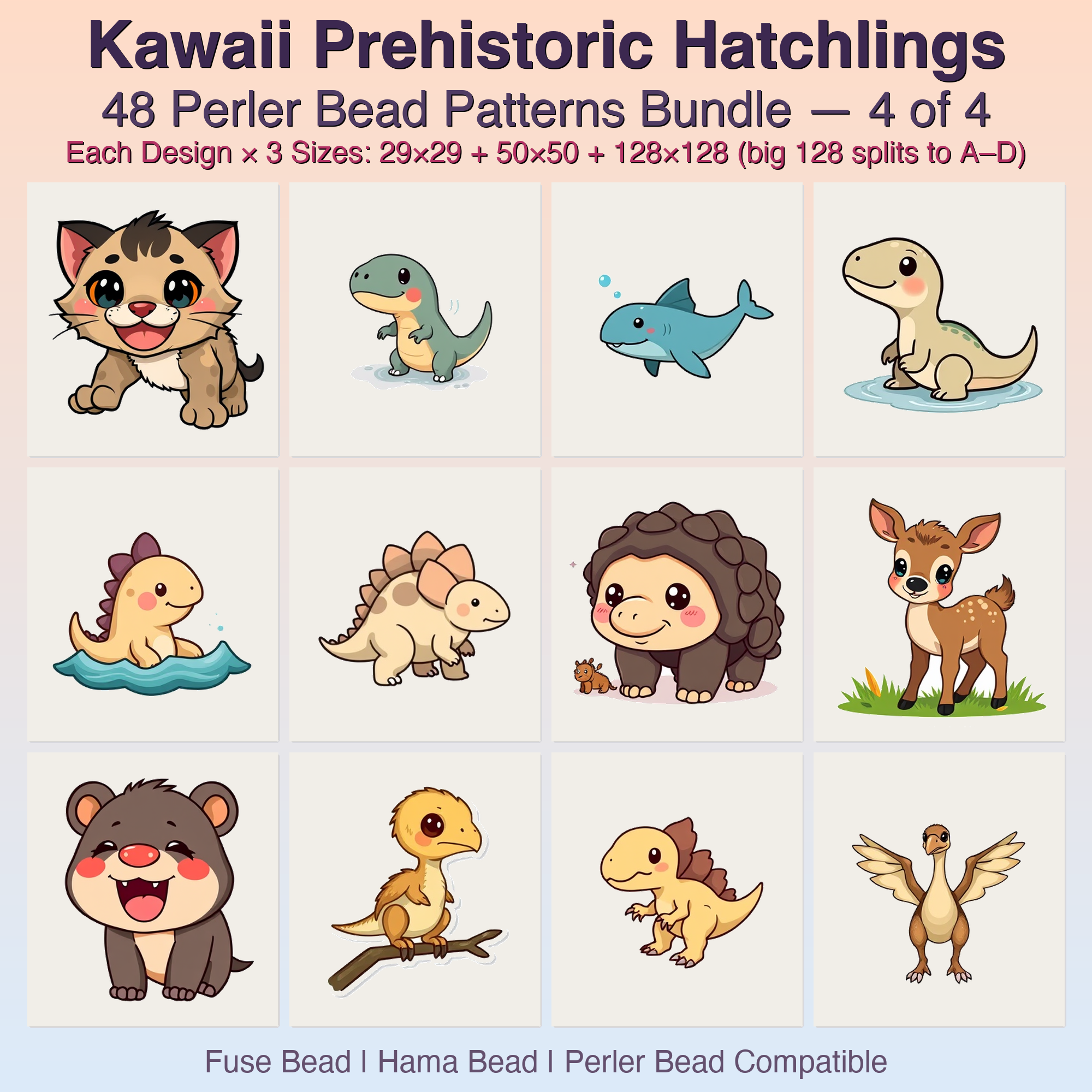 Kawaii Prehistoric Hatchlings Perler Bead Patterns, 48 Designs x 3 Grid Sizes (29x29 + 50x50 + 128x128), Fuse Bead PDF Digital Download