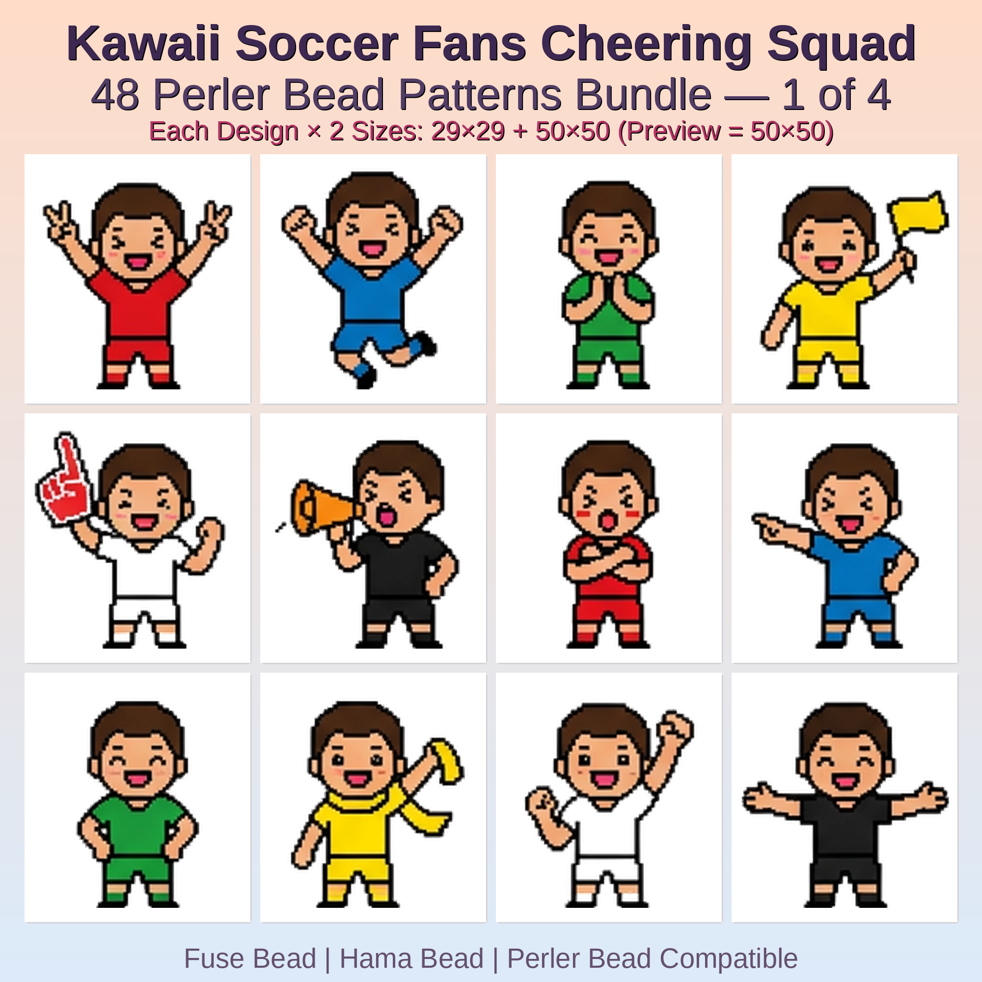Kawaii Soccer Fans Cheering Squad Perler Bead Patterns Bundle, 48 Designs (PDF Digital Download)
